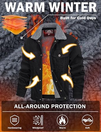 MAGCOMSEN Men's Corduroy Jacket Winter Sherpa Lined Warm Thick Trucker Cargo Coat with 5 Pockets