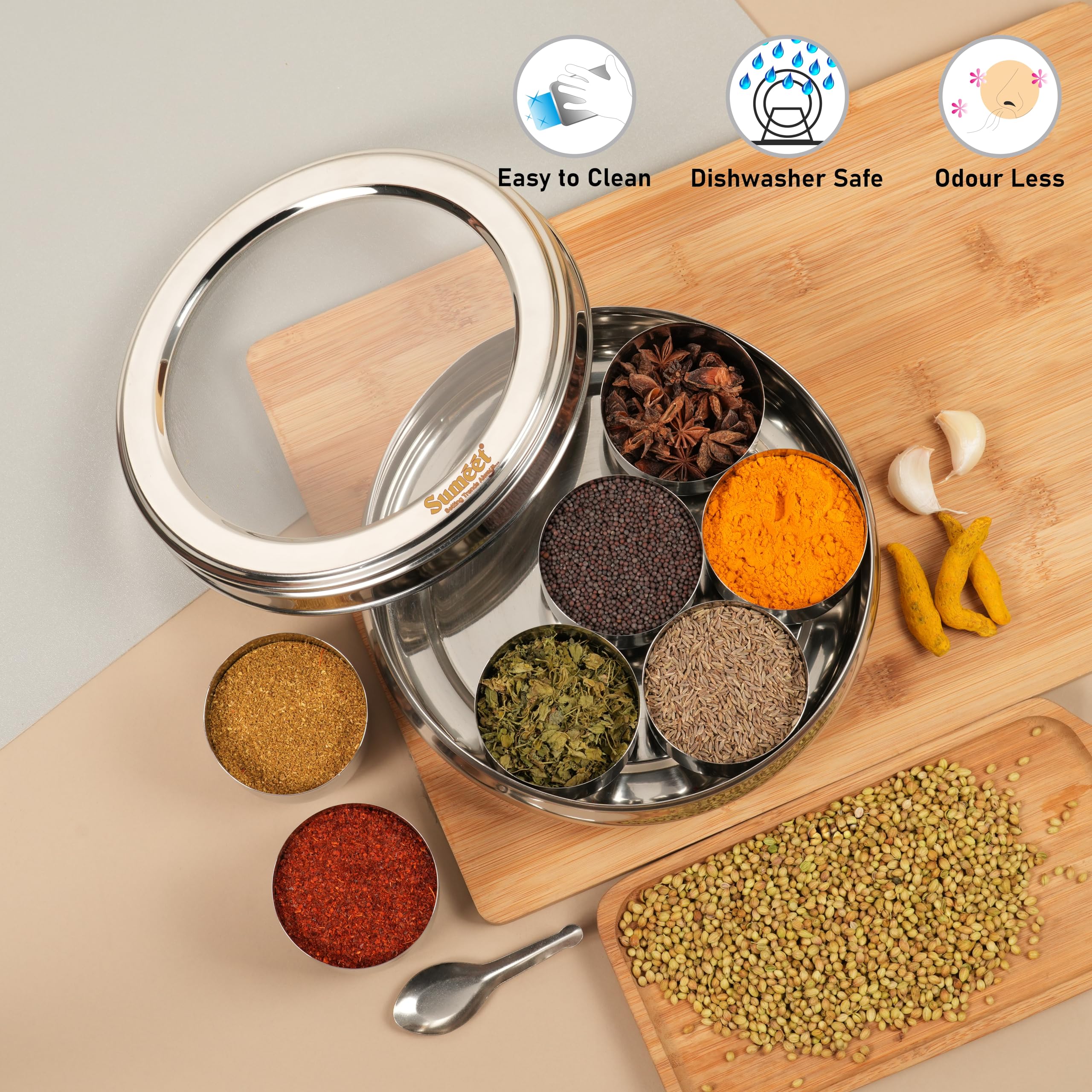 Sumeet Stainless Steel Belly Shape Masala (Spice) Box/Dabba/Organiser With See Through Lid With 7 Containers And Small Spoon (Big), Beige 1