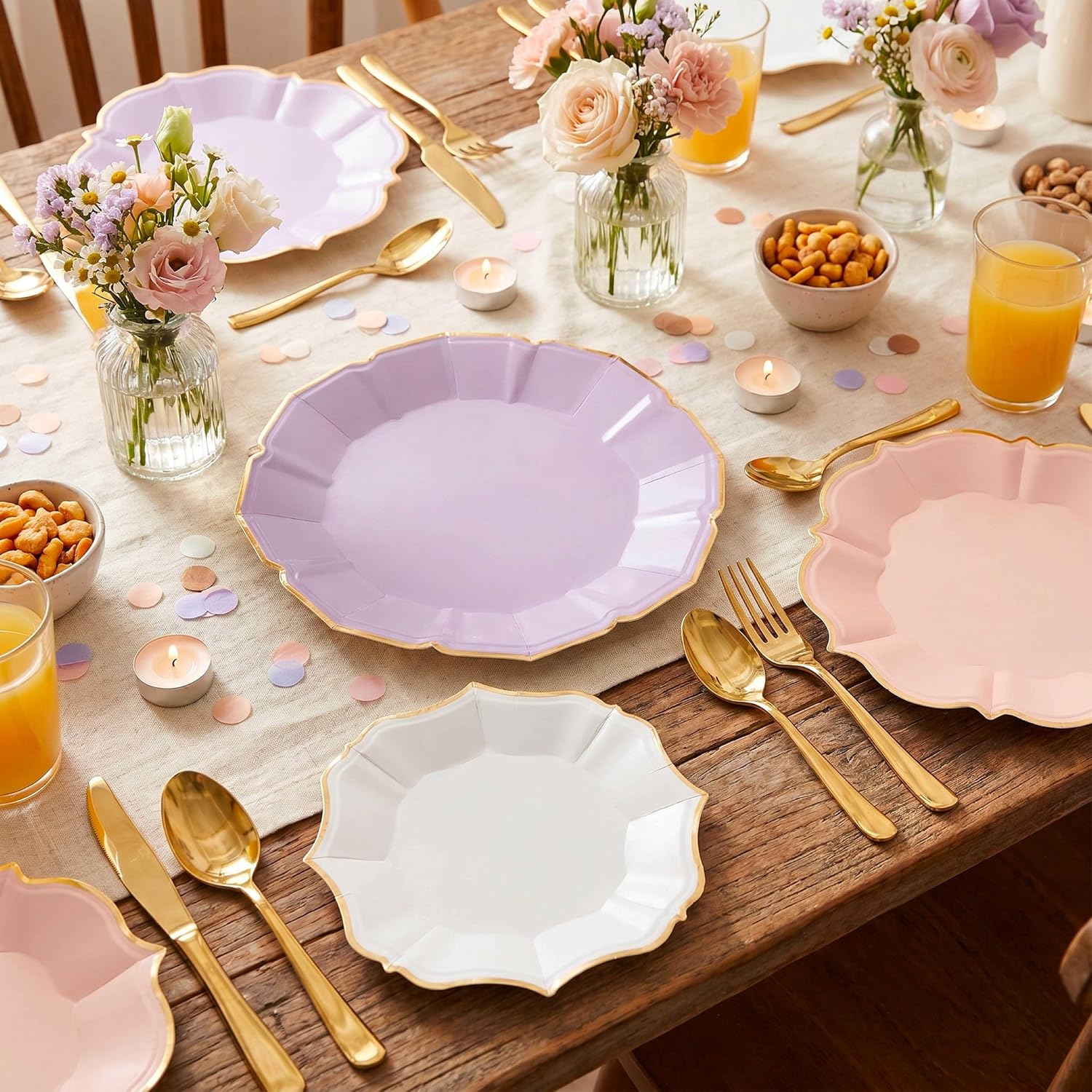 60Pcs Purple Paper Plates 10" 9" 7" Combo, 3 Tier Scalloped Disposable Wedding Plates with Gold Rim for Girls Birthday Party Supplies Baby Shower Christmas Thanksgiving New Year Butterfly Theme Decor image 5