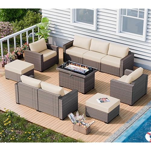 Patio Furniture Set with 42" Fire Pit Table,7 Piece Wicker Outdoor Furniture with Larger Seat,4.72'' Thicker Cushion,Rattan Conversation Set for Poolside,Porch,Deck, Red Brown+Gray