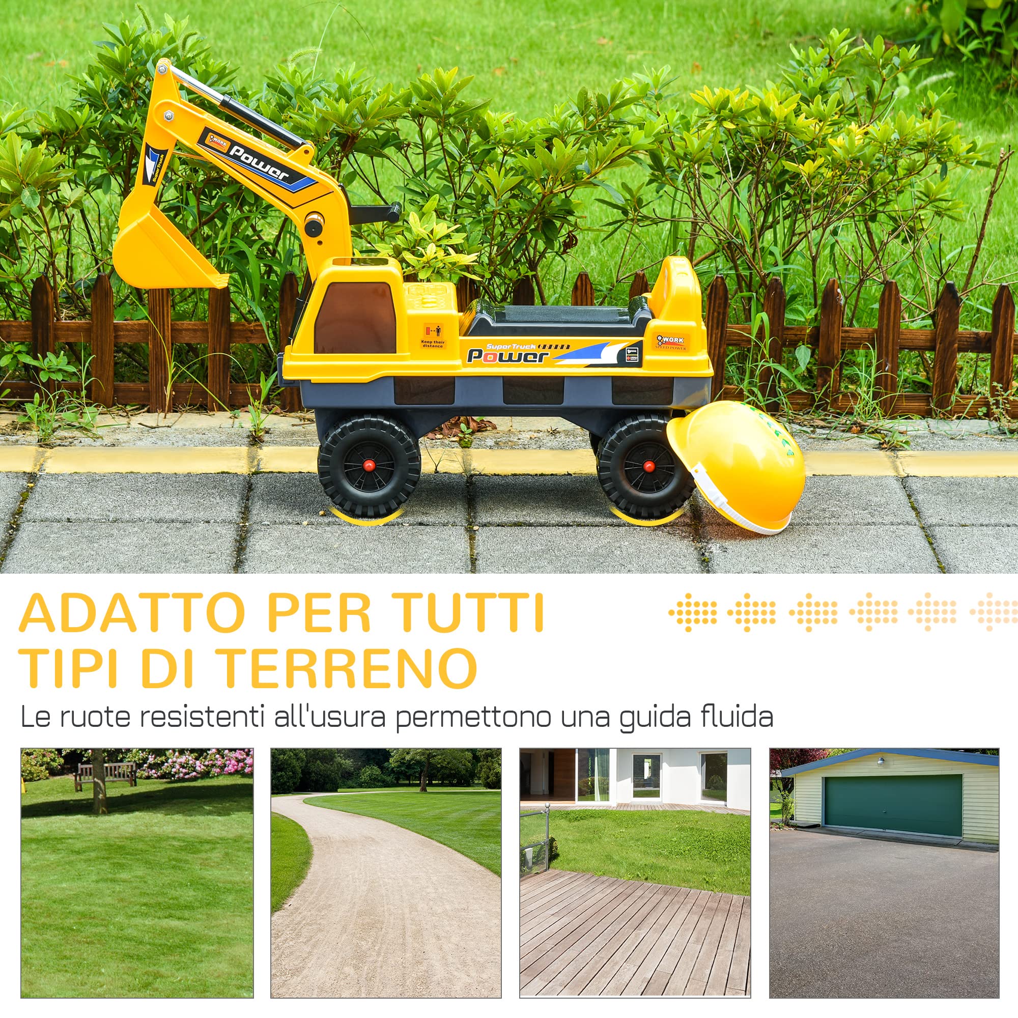 HOMCOM Ruspa Giocattolo 2 in 1 con Escavatore e Mordente, Vano Nascosto, Gioco Cavalcabile Bambini 2-3 Anni, 90x28x58cm, Giallo