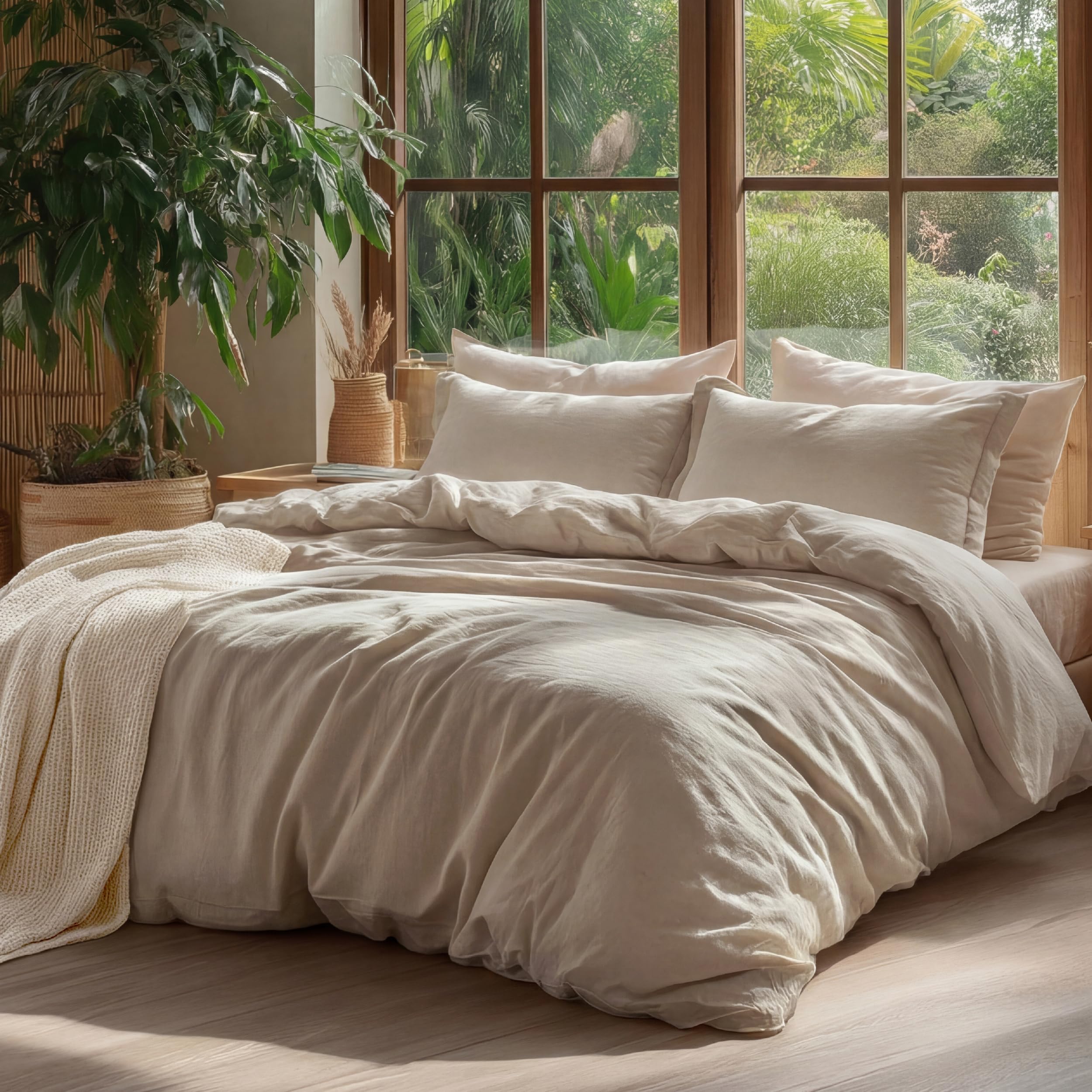 Bedsure 100% Washed Cotton Duvet Cover King Size - Frosted Almond Minimalist Cotton Duvet Cover Linen Like for All Seasons - GentleSoft™ Plain Simple Bedding (Frosted Almond, King, 104"x90")