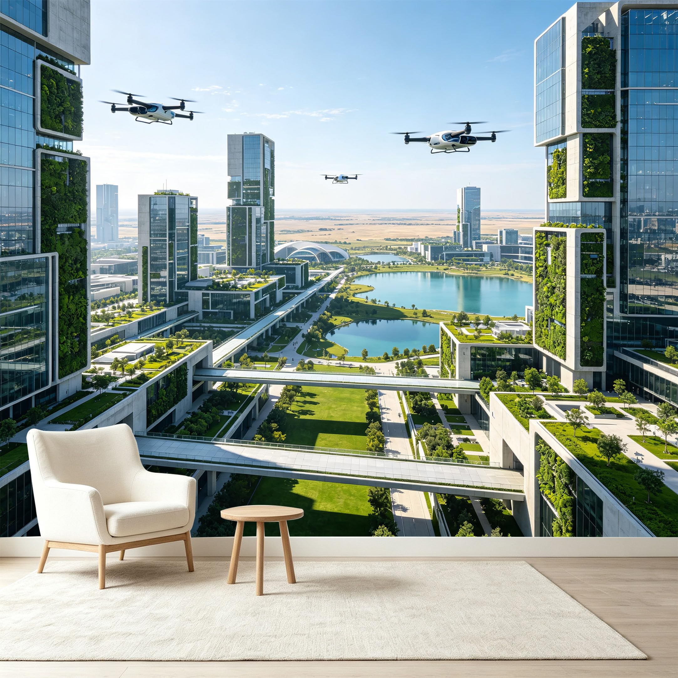 Custom Size Wall Murals Modern Futuristic Cityscape Green Architecture Drones Self-Adhesive Wall Fabric Removable Wallpaper Wall Decor for Living Room Bedroom Bathroom