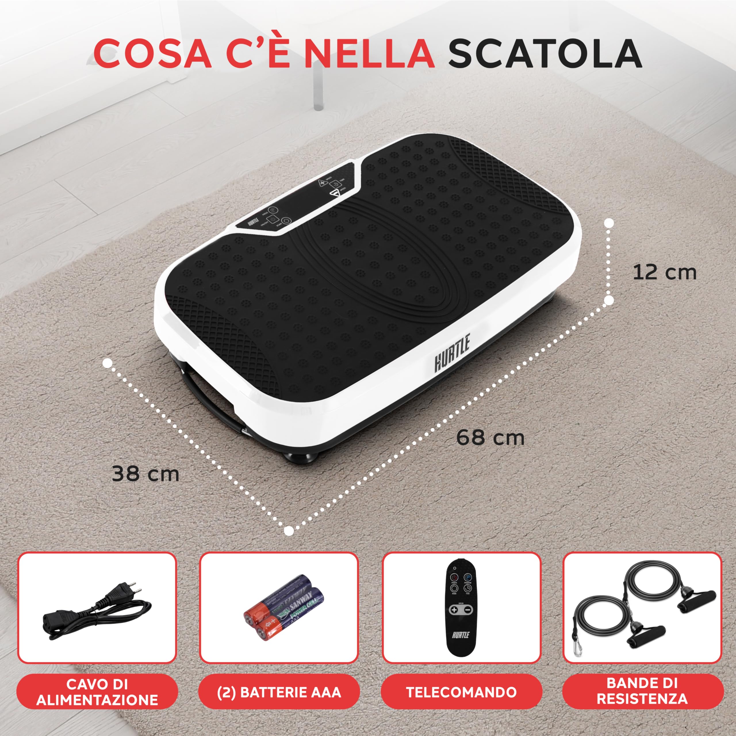 Hurtle Pedana Vibrante Dimagrante, Vibration Plate per Tonificazione e Brucia Grassi, Piastra Vibrante con Bande di Resistenza, Ruote, Telecomando e Velocità Regolabile, Allenamento Completo Casa
