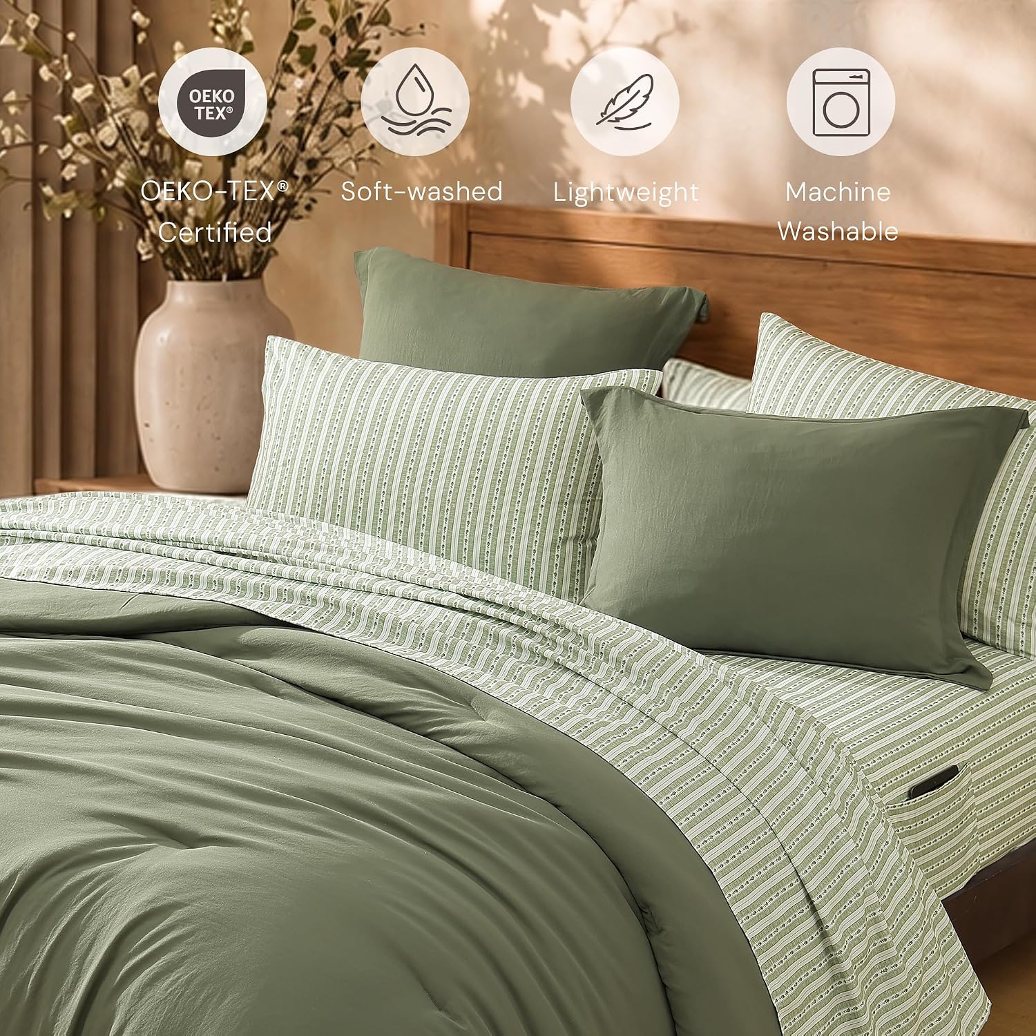 Queen Comforter Set with Sheets-7 Pieces Soft Recycled Bed in a Bag Bedding | All Seasons Queen Size Comforter with Printed Sheets Bed Set, 2 Pillow Shams & 2 Pillowcases, Tempest Green
