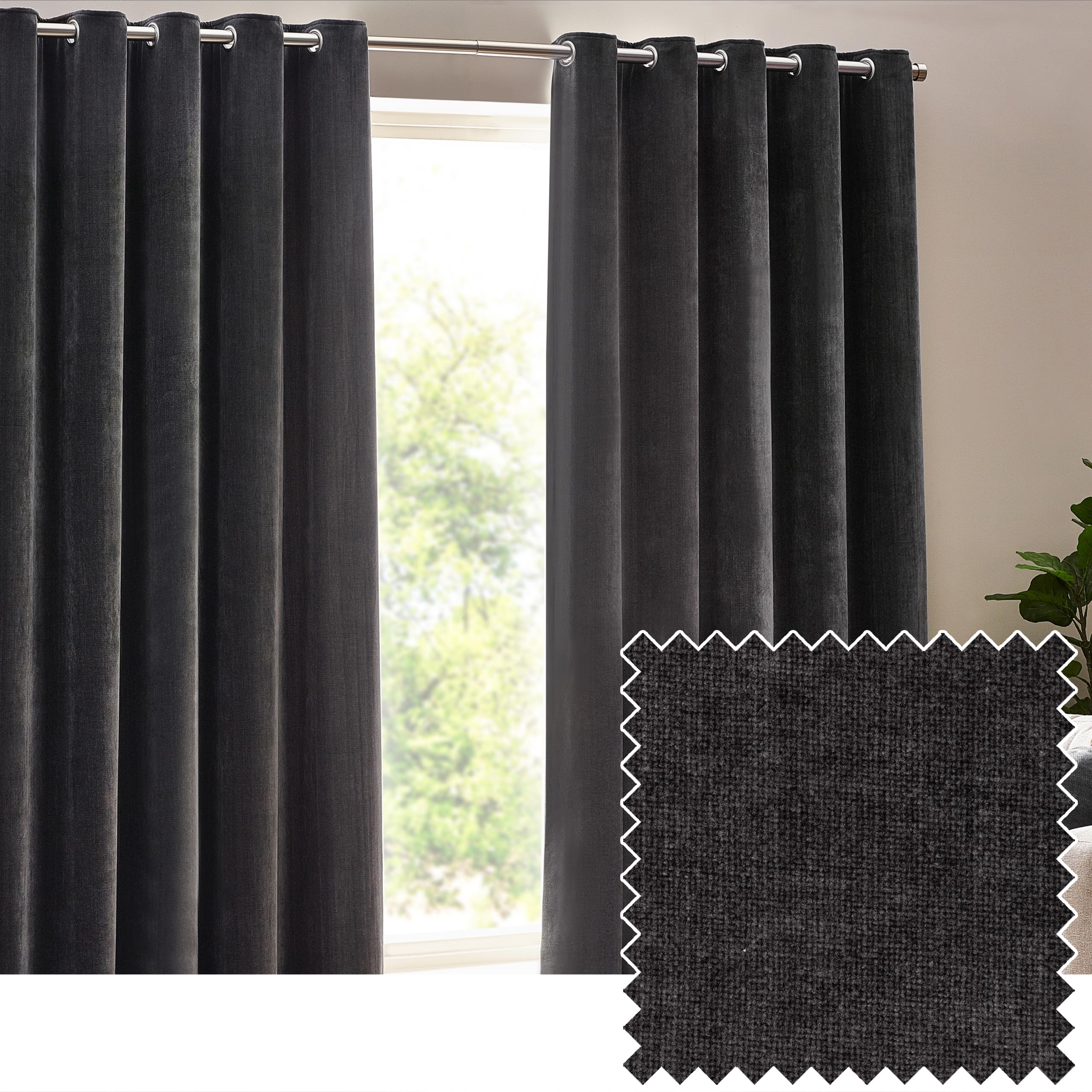 Yard Heavy Chenille Lined Velvet Eyelet Curtains Unisex Charcoal Size W117 X D137cm