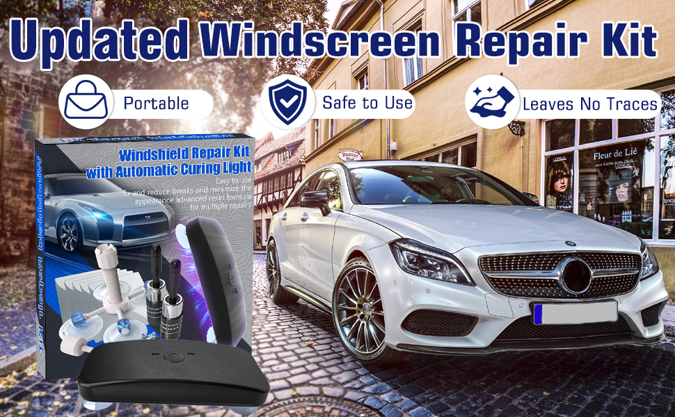 Image of Windshield Repair Kit, 2 PCS Windshield Crack Repair Kit with Suction Cup Curing Light, Automotive Nano Fluid Vehicle Windscreen Tool, Glass Repair Kit for Chips and Cracks (Azure)