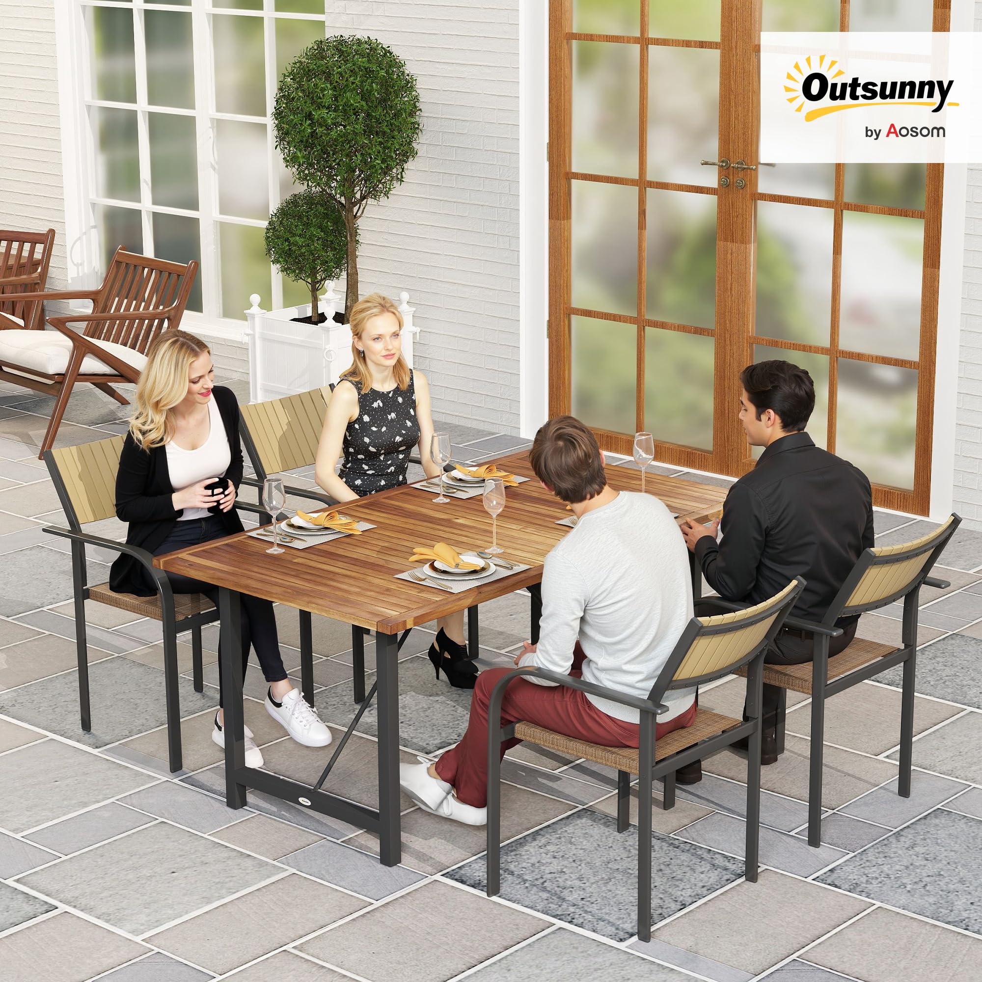 Outsunny Tavolo da Giardino Legno di Acacia e Acciaio, 160x90x75 cm Teak | Tavolo da Esterno Rettangolare, Piano a Doghe, Tavolino da Balcone, Patio, Terrazzo, Cortile, Esterno