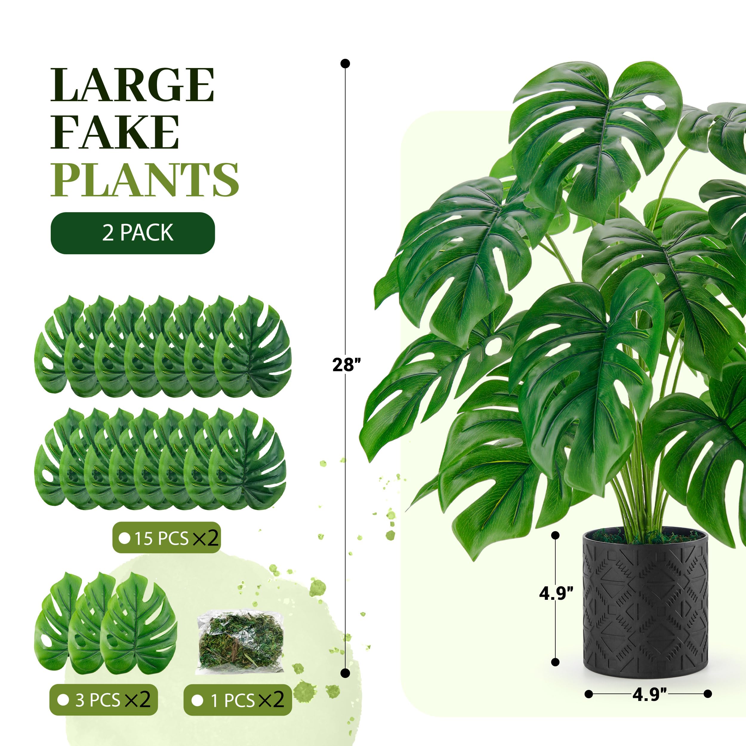 Der Rose Paquete de 2 plantas artificiales de 28 pulgadas para interiores, grandes plantas falsas en maceta, plantas de Monstera de imitación para interiores, para decoración del hogar, casa de campo