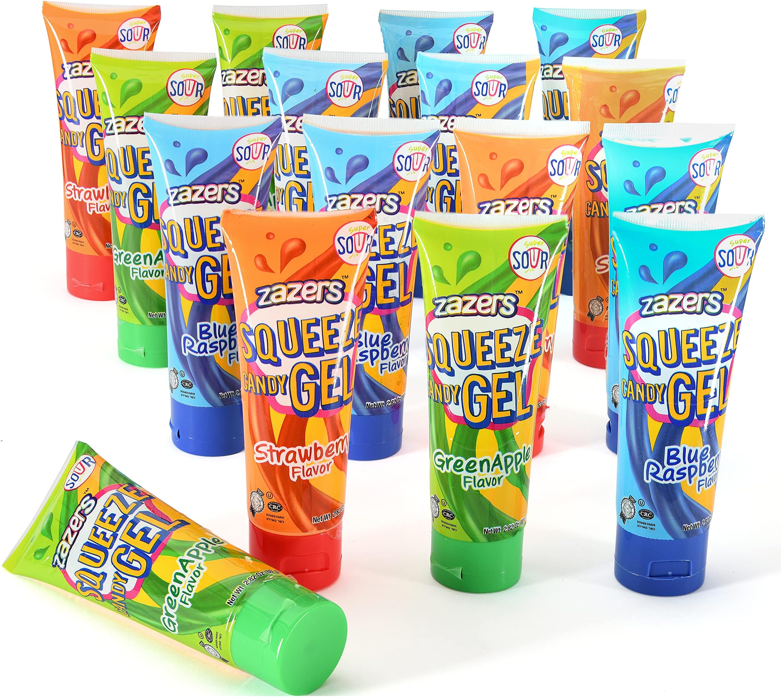 slime Sour Lickers Squeeze Gel Candy - 16 Pack Display Assorted Flavors, 8 Blue Raspberry 4 Green Apple and 4 Strawberry, Great Novelty Gel Candy for kids and adults, (Kosher 2.82 OZ each)