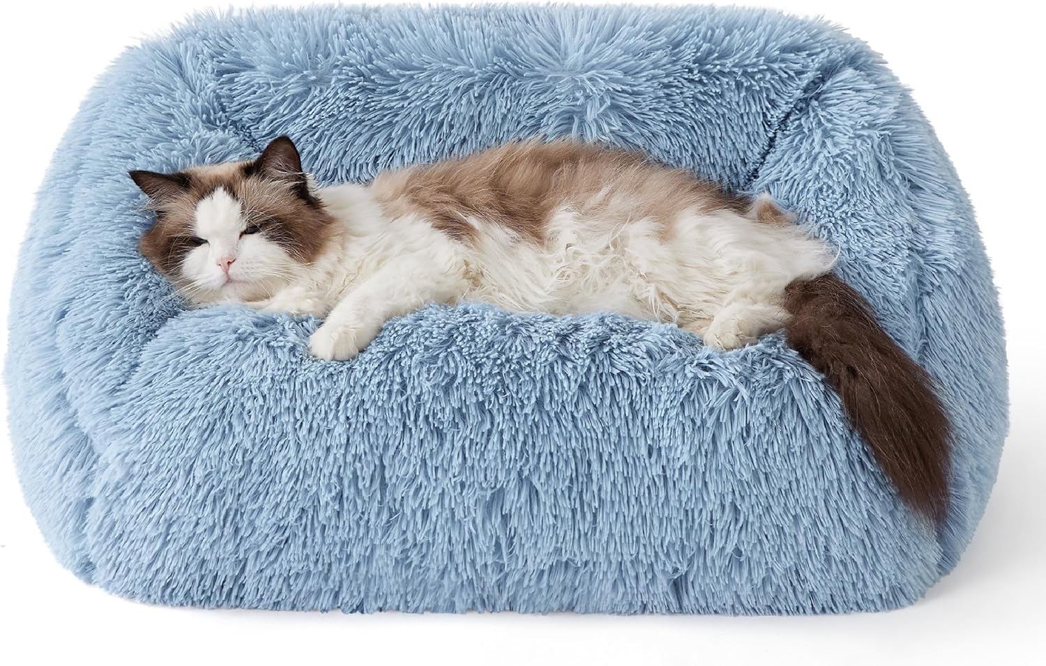 Lesure Cute Cat Couch Bed – Furry Indoor Cat Sofa Large, Washable Calming Small Dog Beds for Puppy with Fashion Design, 26x21x9inches, Blue