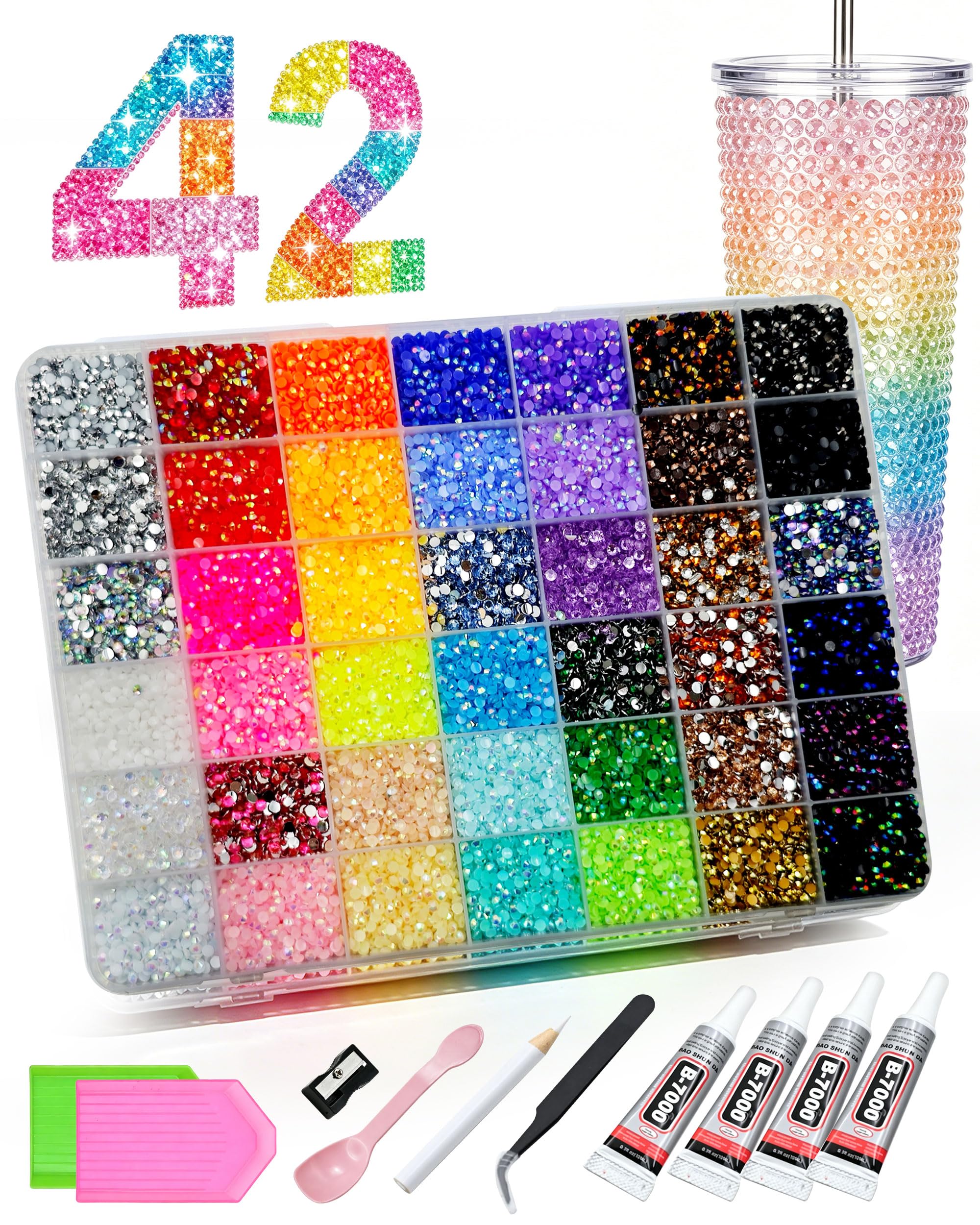 42 Farben Glitzersteine, 39000 Stück Strasssteine Bedazzler Kit, Flatback Rhinestones für DIY Bedazzling Nägel Textilien, 4 Klebepatronen, Löffel, Portionierteller Usw, Geschenke für Mädchen