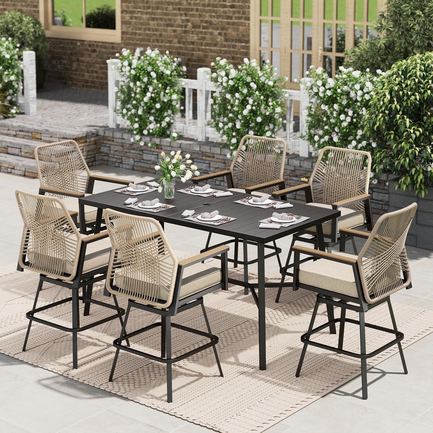 HERA'S HOUSE Outdoor Swivel Bar Stools Set of 4, High Top Patio Chairs with All Weather Cushion Pro Fabric, Bistro Set for Backyard, Lawn Garden, Balcony,Poolside
