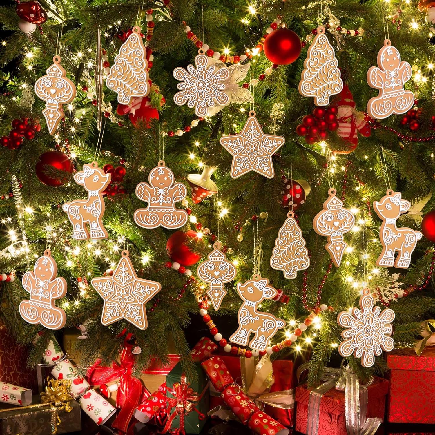 Soaoo 24 Pcs Gingerbread Cookie Ornaments, Gingerbread Ornaments for Christmas Tree, Mini Snowflake Reindeer Hanging Christmas Decorations for Xmas Tree Winter Holiday Crafts, 6 Designs - Image 4
