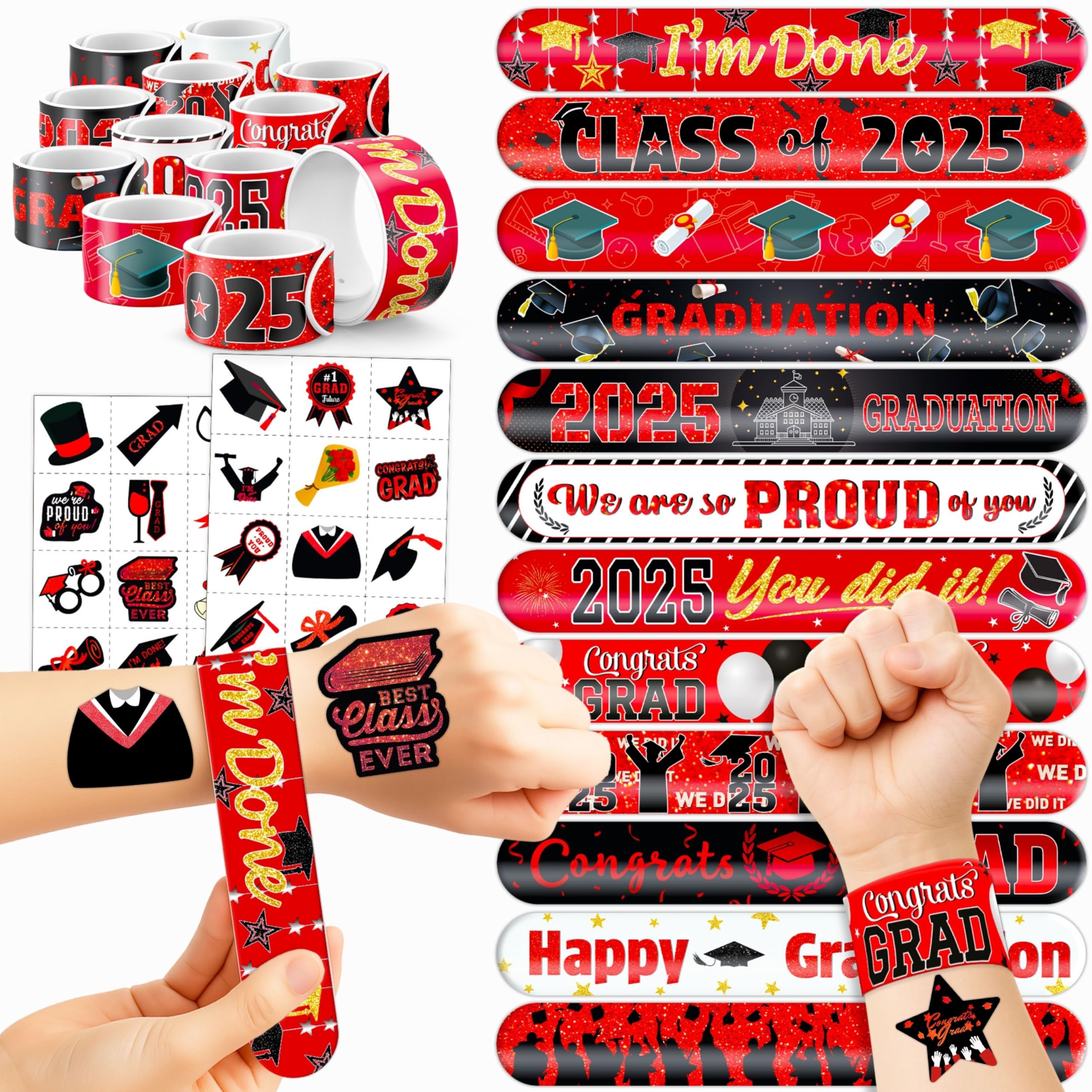 Cherisnowy 48 PCS 2025 Graduation 24PCS Temporary Tattoos Stickers 24PCS Slap Bracelets Wristbands Perfect for Themed Class Party Supplies Grad & So
