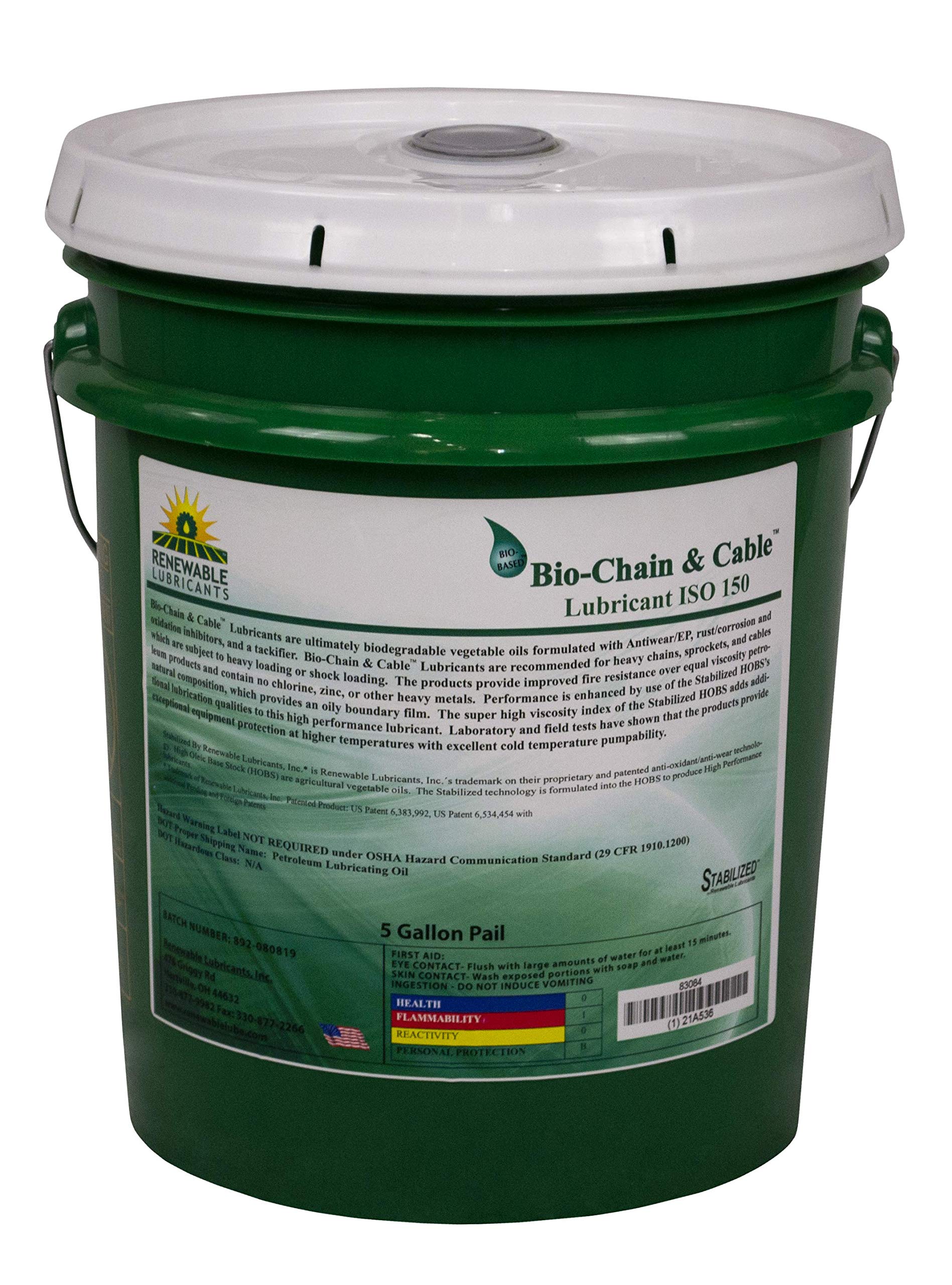 Renewable Lubricants Bio-Chain and Cable ISO 150 Lubricant Oil, 5 Gallon Pail, Yellow, (83084)