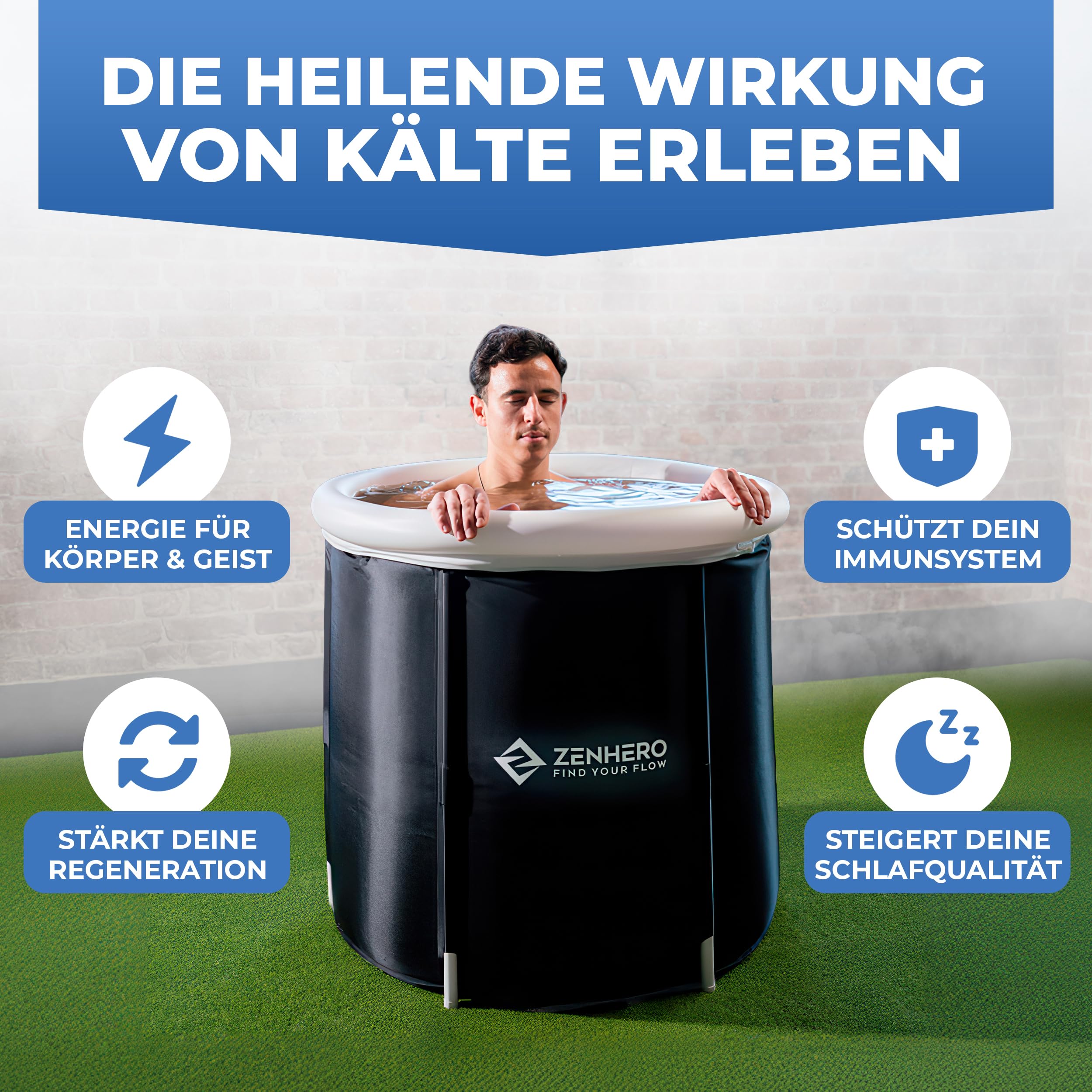 Zenhero Recovery - Kit de baño de hielo (85 cm de diámetro), máximo confort y mucho espacio, con termómetro y 2 cuidados de agua, terapia de frío para el hogar – Tonel de hielo con 5 capas aislantes
