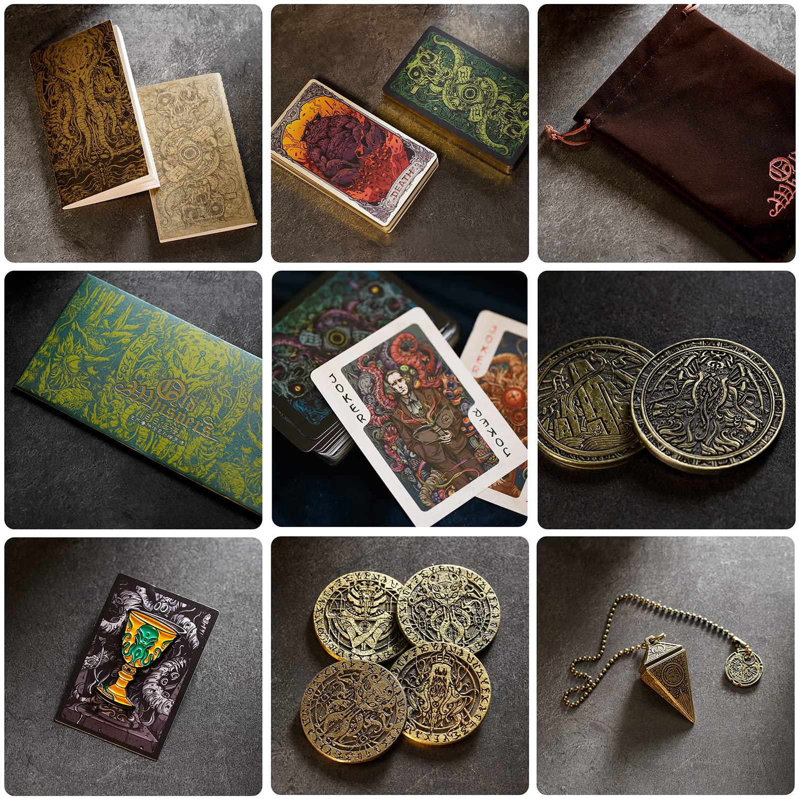 IXIGER Jeu de cartes de tarot Cthulhu, collection originale de cartes de tarot, pendule, carte en feuille d'argent laquée, pièces de monnaie, carnet, pièce de monnaie maya et enveloppe