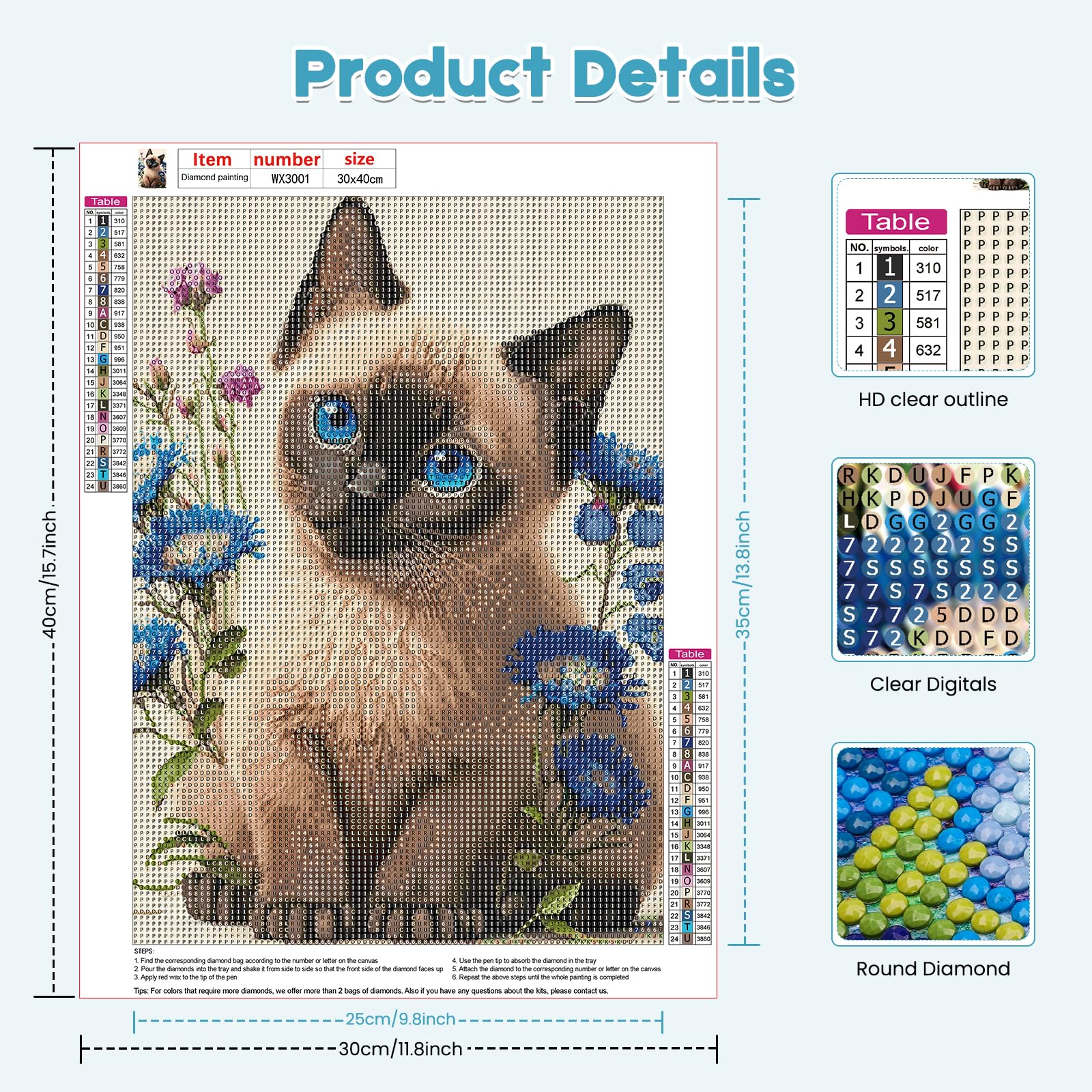 EOBROMD Siamese Cat 5D Diamond Painting Kit for Adults - Full Round Drill Crystal Rhinestone Art Craft for Home Decor Gifts 30x40cm - Image 2