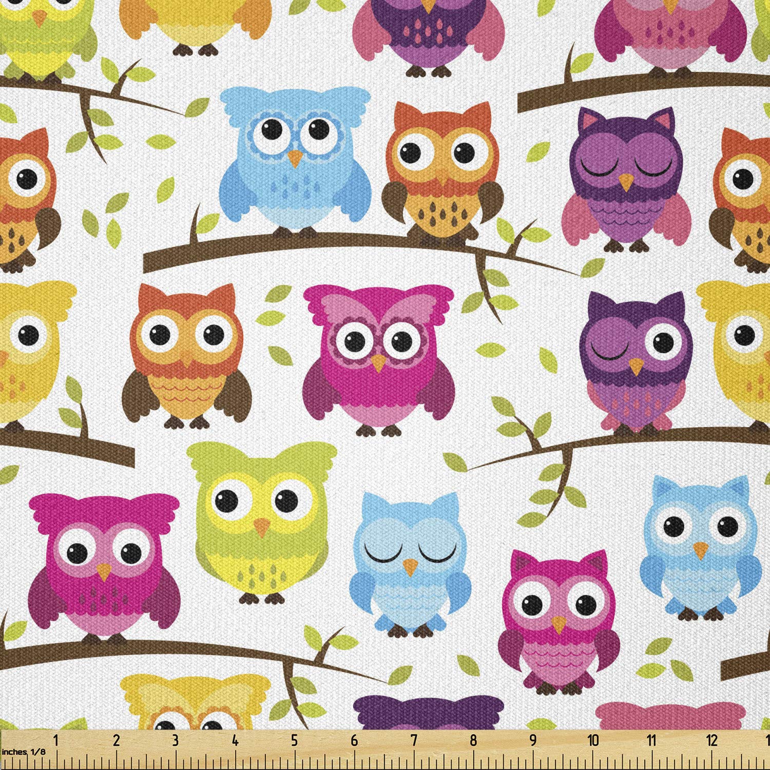 Lunarable Owls Fabric by The Yard, Owls in The Forest Woodland Celebration Friendship Togetherness Themed Artwork Print, Stretch Knit Fabric for Clothing Sewing and Arts Crafts, 1 Yard, Green Magenta