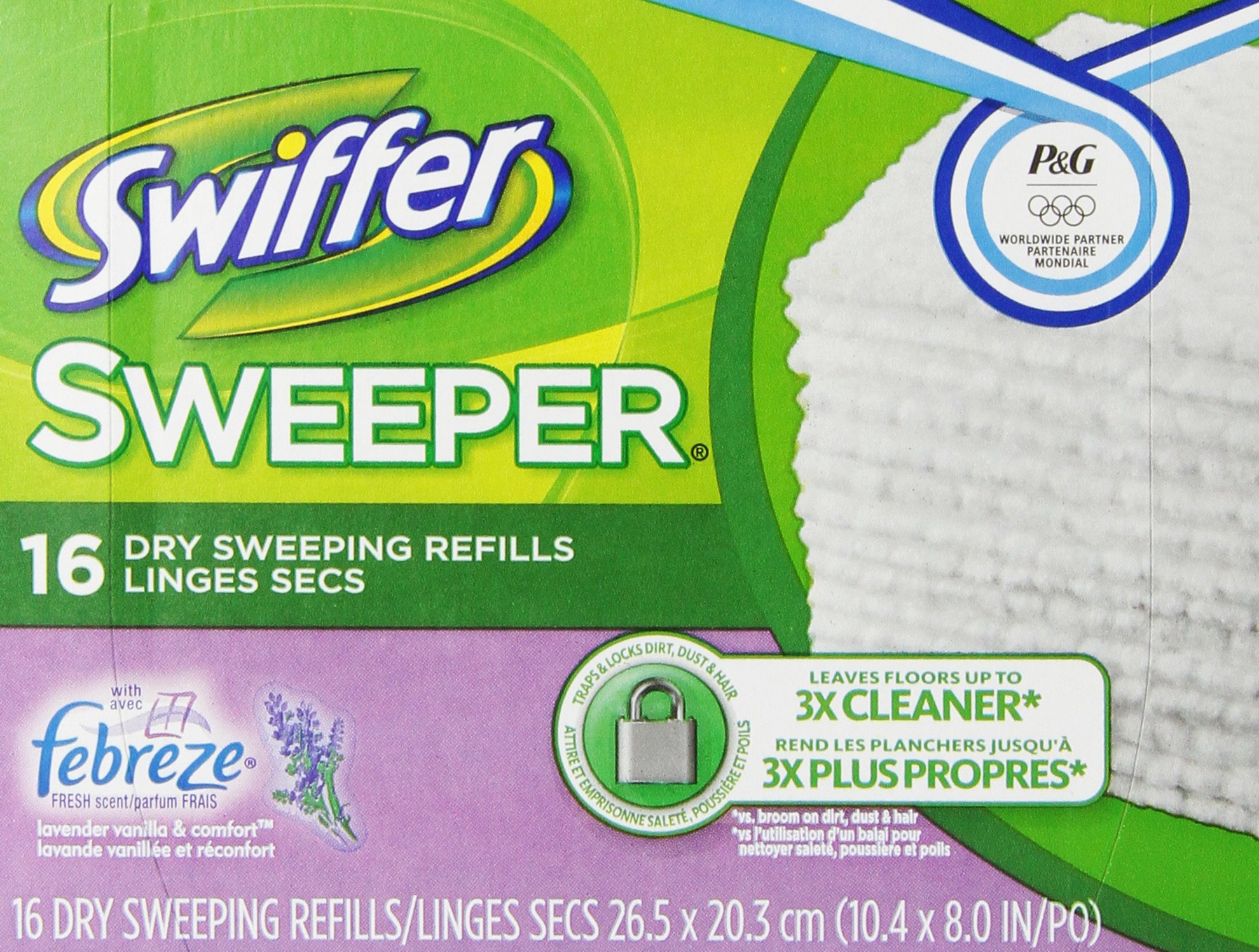 Swiffer Sweeper Dry Sweeping Cloths, Mop and Broom Floor Cleaner Refills, Febreze Lavender Vanilla and Comfort Scent, 16 Count