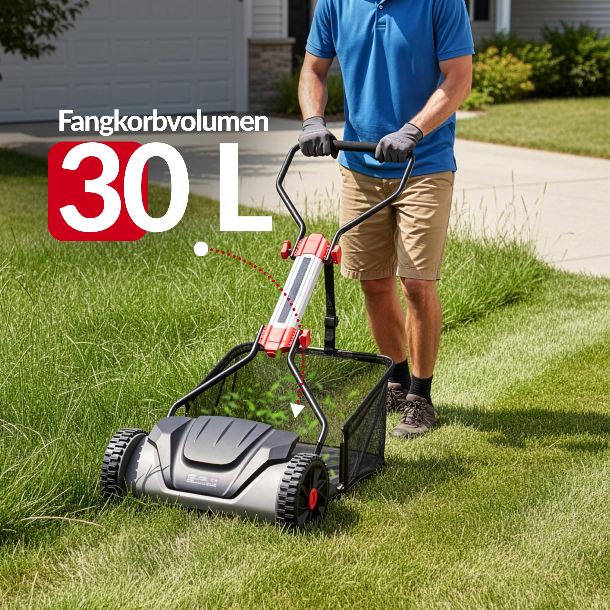 LEHMANN Spindelmäher 40 cm mit Fangkorb 30 L – Handrasenmäher ohne Strom, mechanischer Rasenmäher manuell mit 5 Messern, 6-Fach Schnitthöhenverstellung 15–42 mm, klappbarer Griff
