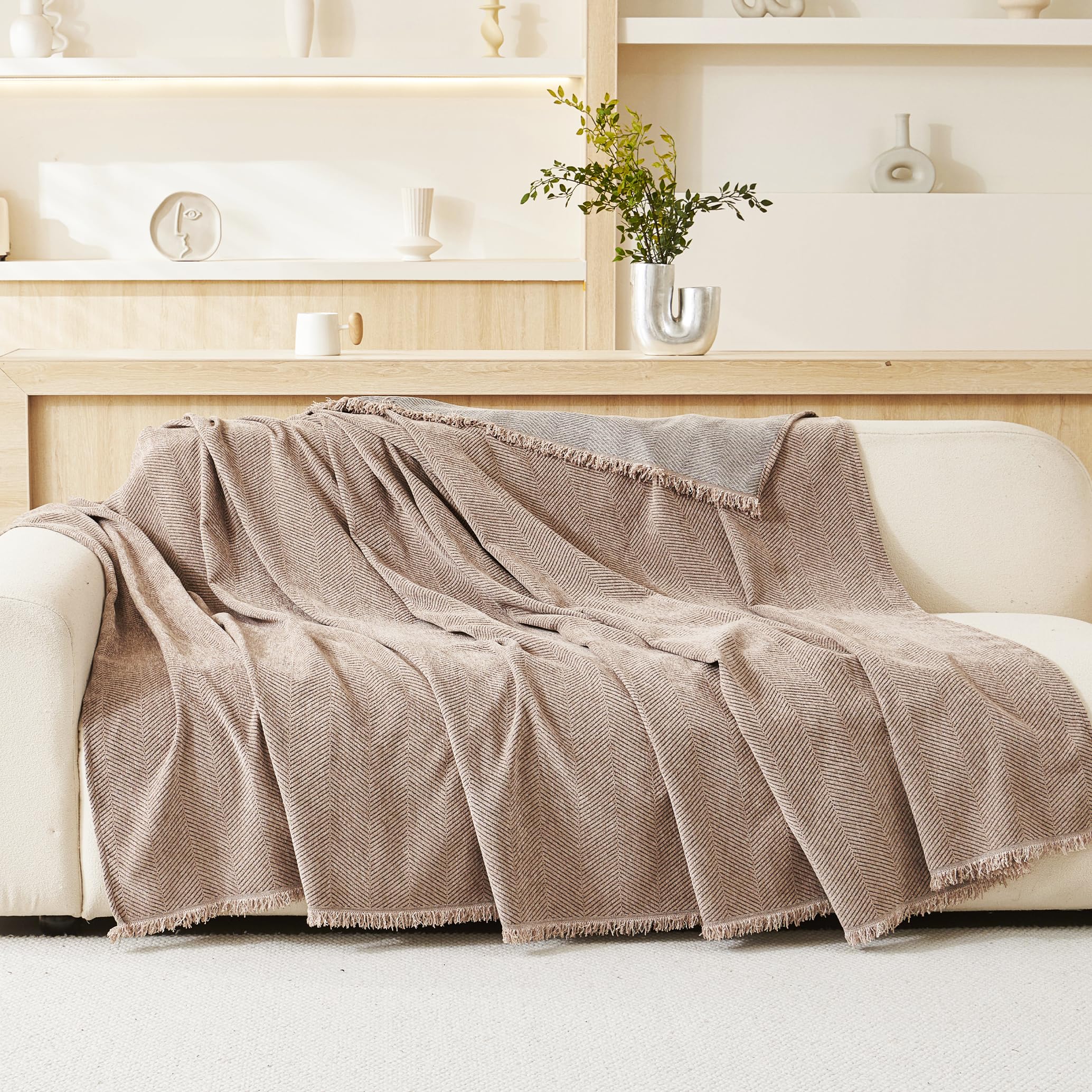VANJOROY 100% Chenille Natural Sofa Large Throw Blanket For Single Seater -Throws for Armchair, Luxury Soft Throw for Chair Couch and Bed, Khaki-130 x 180cm โ image 1
