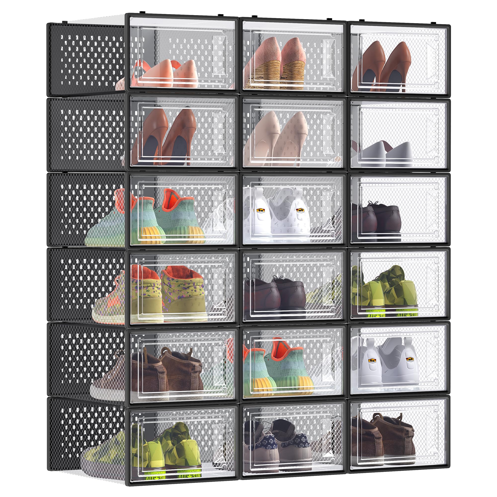 SONGMICS Shoe Boxes, Pack of 18 Stackable Shoe Storage Organisers, Foldable and Versatile for Sneakers, Fit up to UK Size 9.5, Transparent and Black LSP18SBKV1-image-30
