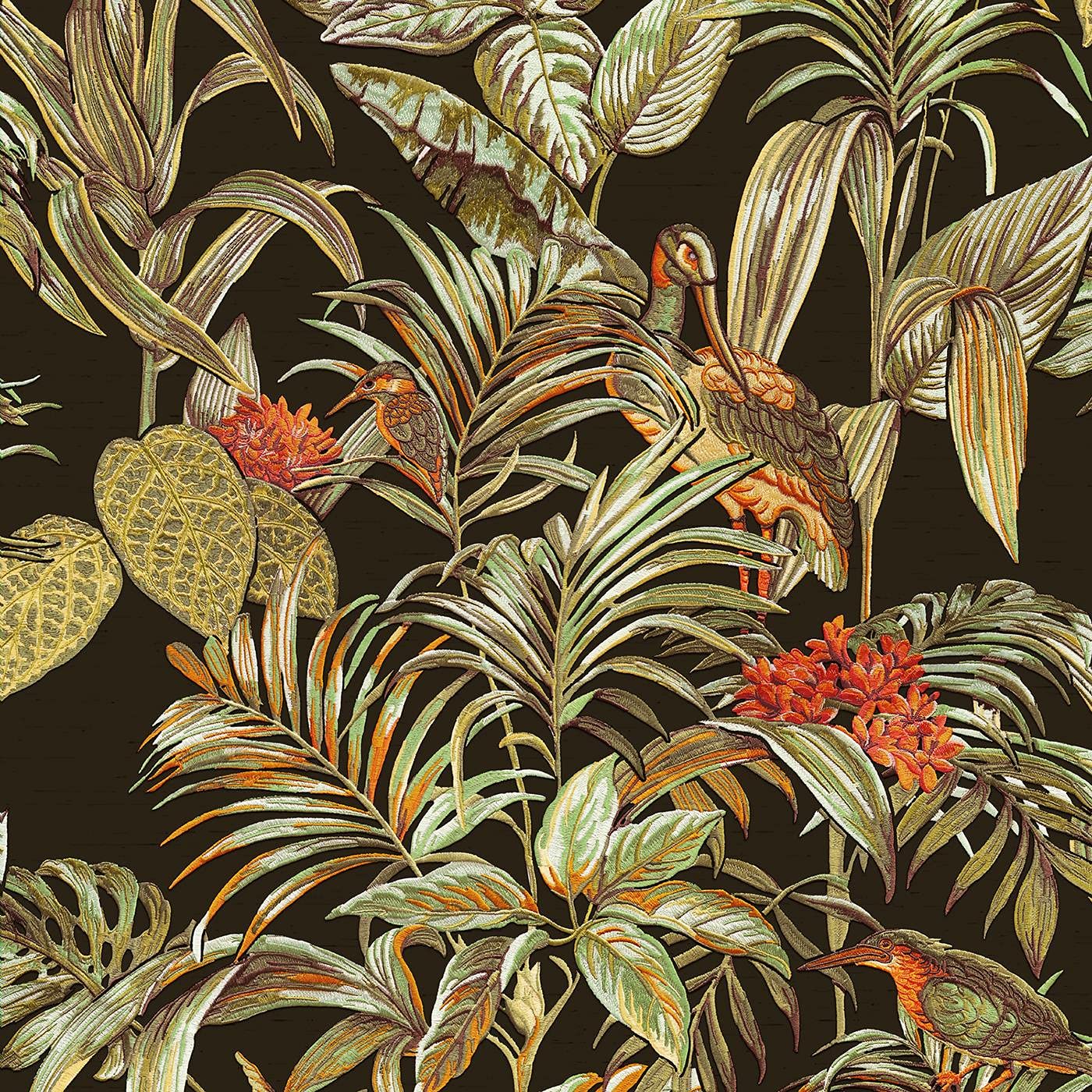 Black Tropical Wallpaper Birds Palm Textured Green Orange Paste The Wall Vinyl