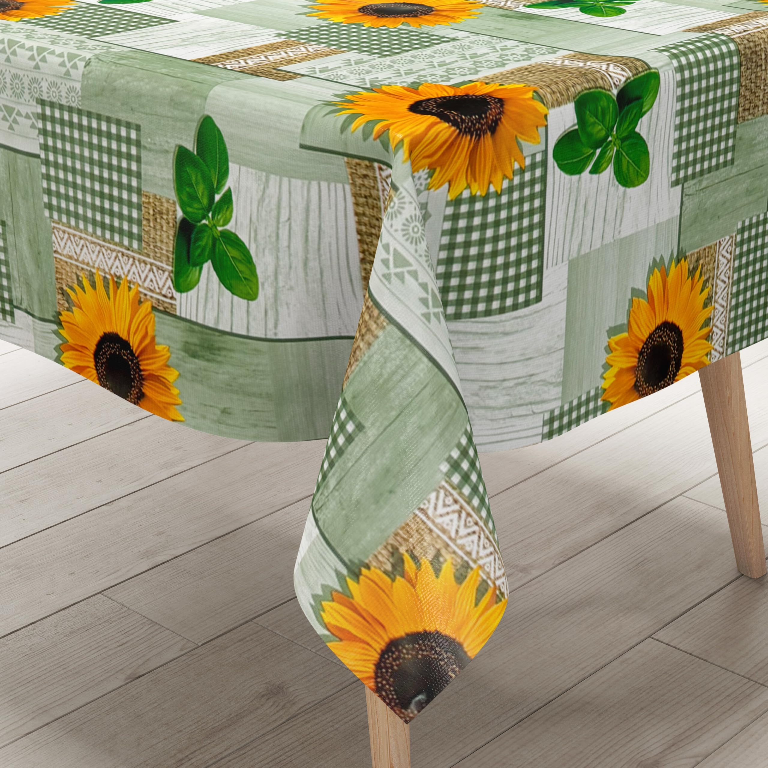 KEVKUS Wachstuch Tischdecke 160 cm Breite PC130-2 grün Sonnenblumen wählbar in eckig, rund und oval - Größe oval 160x220cm mit Paspelband