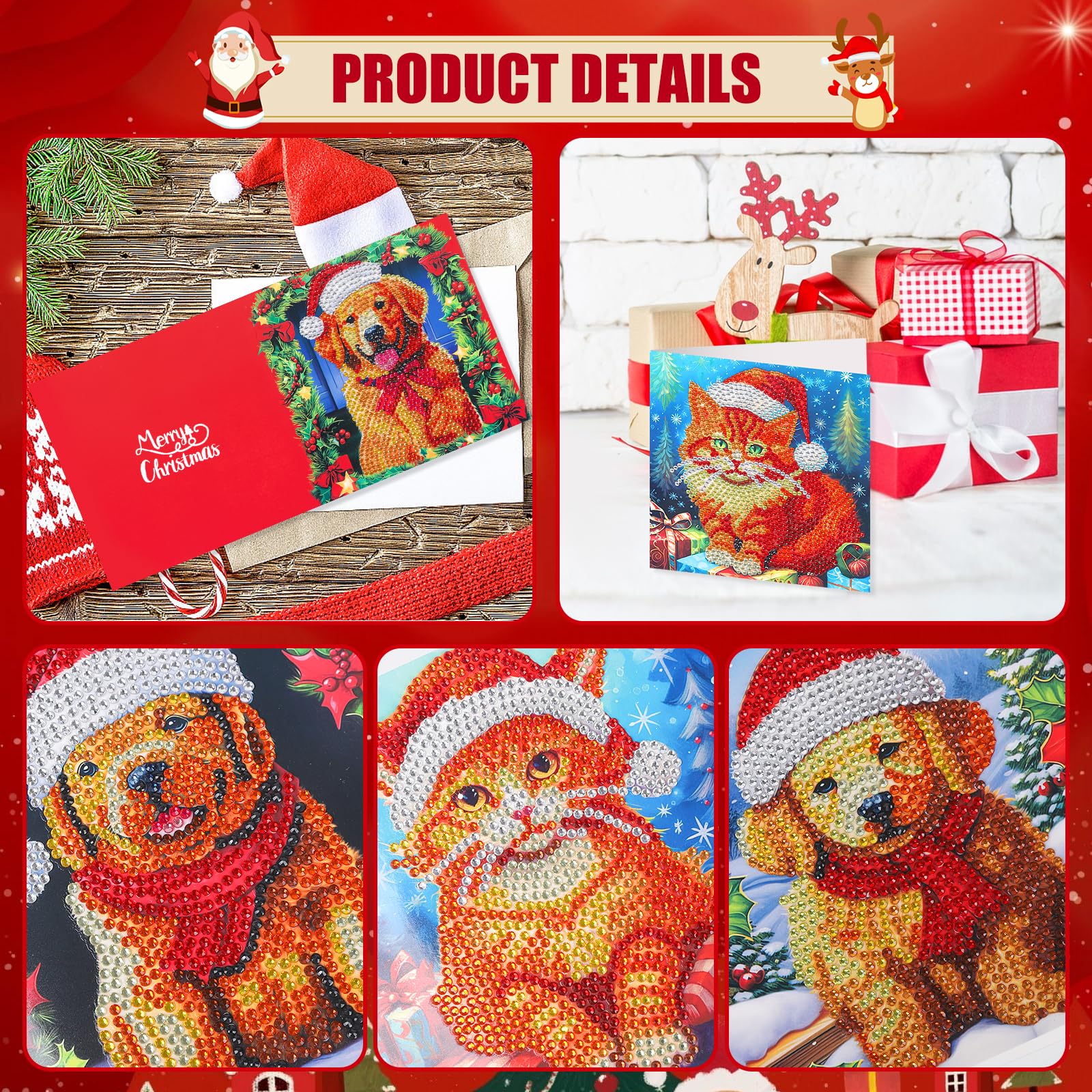 8Pcs Natale diamante pittura carte, Biglietti d'auguri natalizi 5D DIY Animale cane gatto diamante arte biglietti con buste Carte artigianali fatte a mano Regali per Festival di Natale, Capodanno