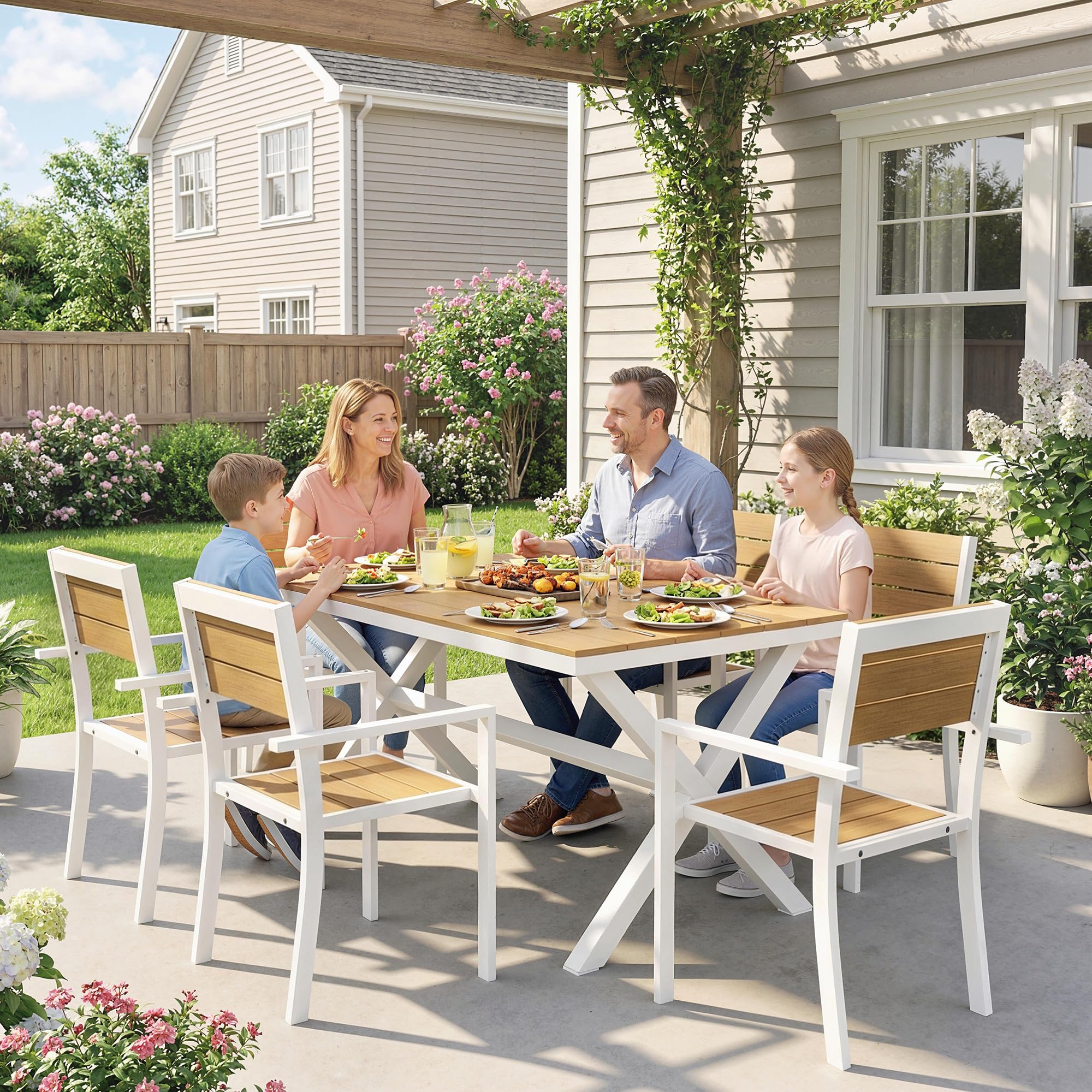 Outsunny Set Tavolo e Sedie da Giardino 7 Pezzi, Alluminio, 6 Sedie Impilabili, Tavolo Effetto Legno, Teak