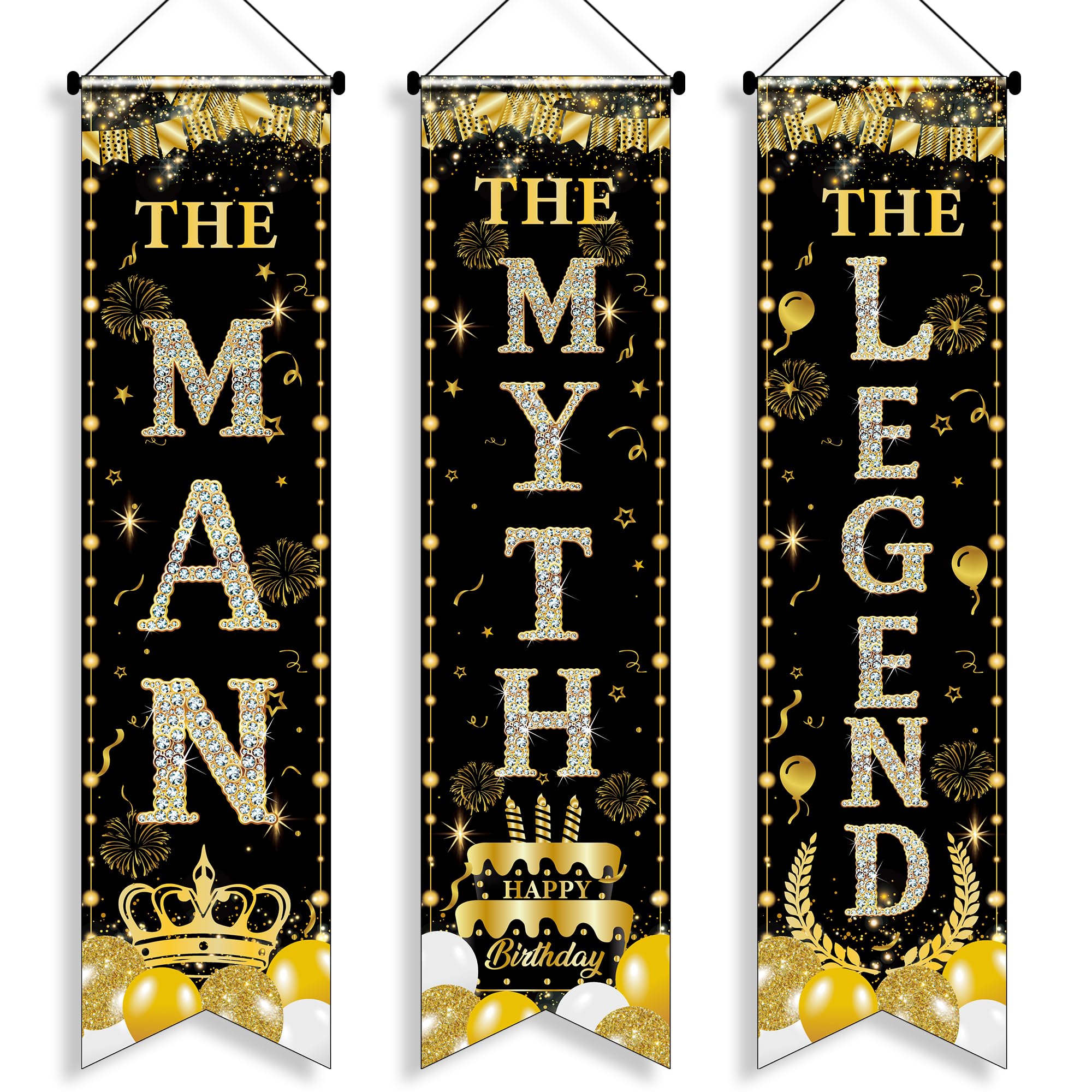 Happy Birthday Decorations Door Banners - 3 Pcs 30 x 120 cm Black and Gold The Men The Myth The Legend Porch Sign Banner Set for Men Birthday Porch Backdrop Indoor Outdoor Party Decoration Supplies