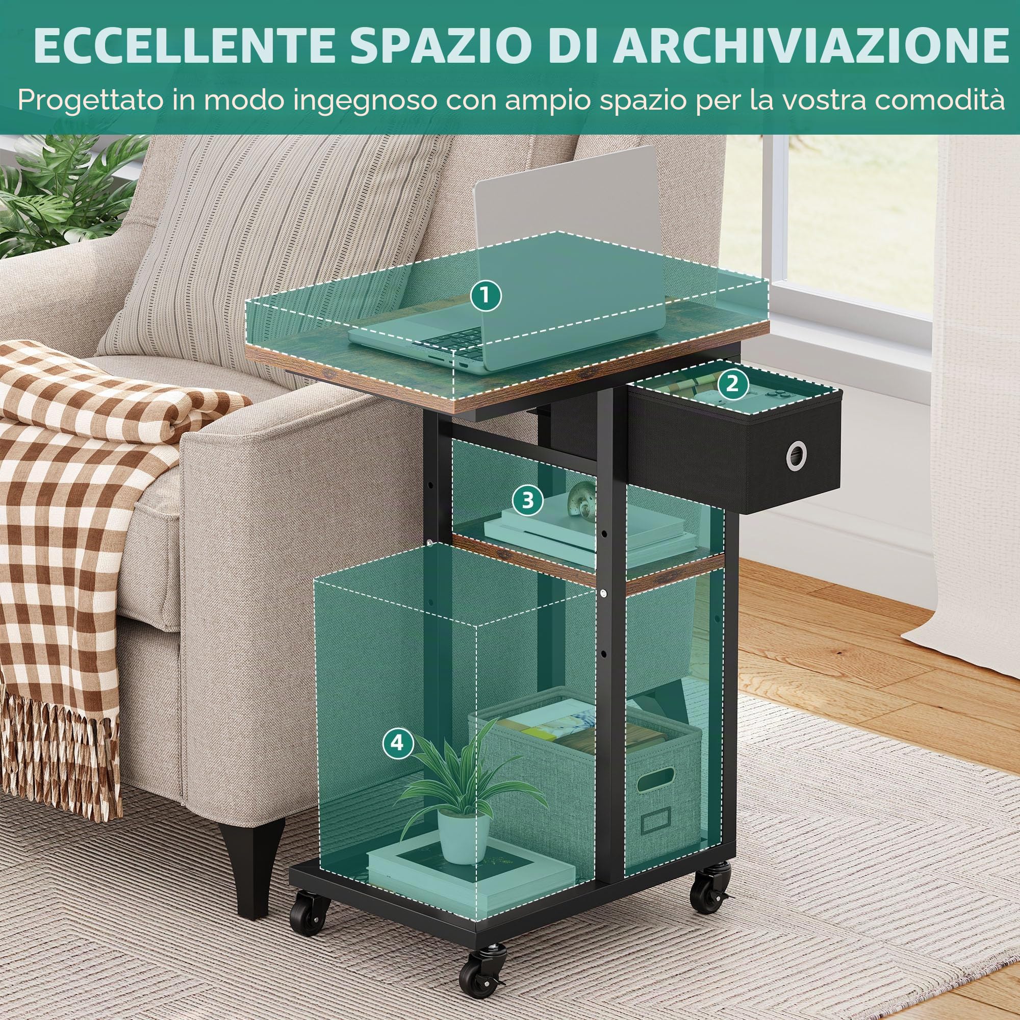 YITAHOME Tavolino a Forma di C, Tavolino Laterale da Divano in Metallo con Cassetto e Ruote per Salotto e Camera, 50x30x67cm, Marrone Rustico