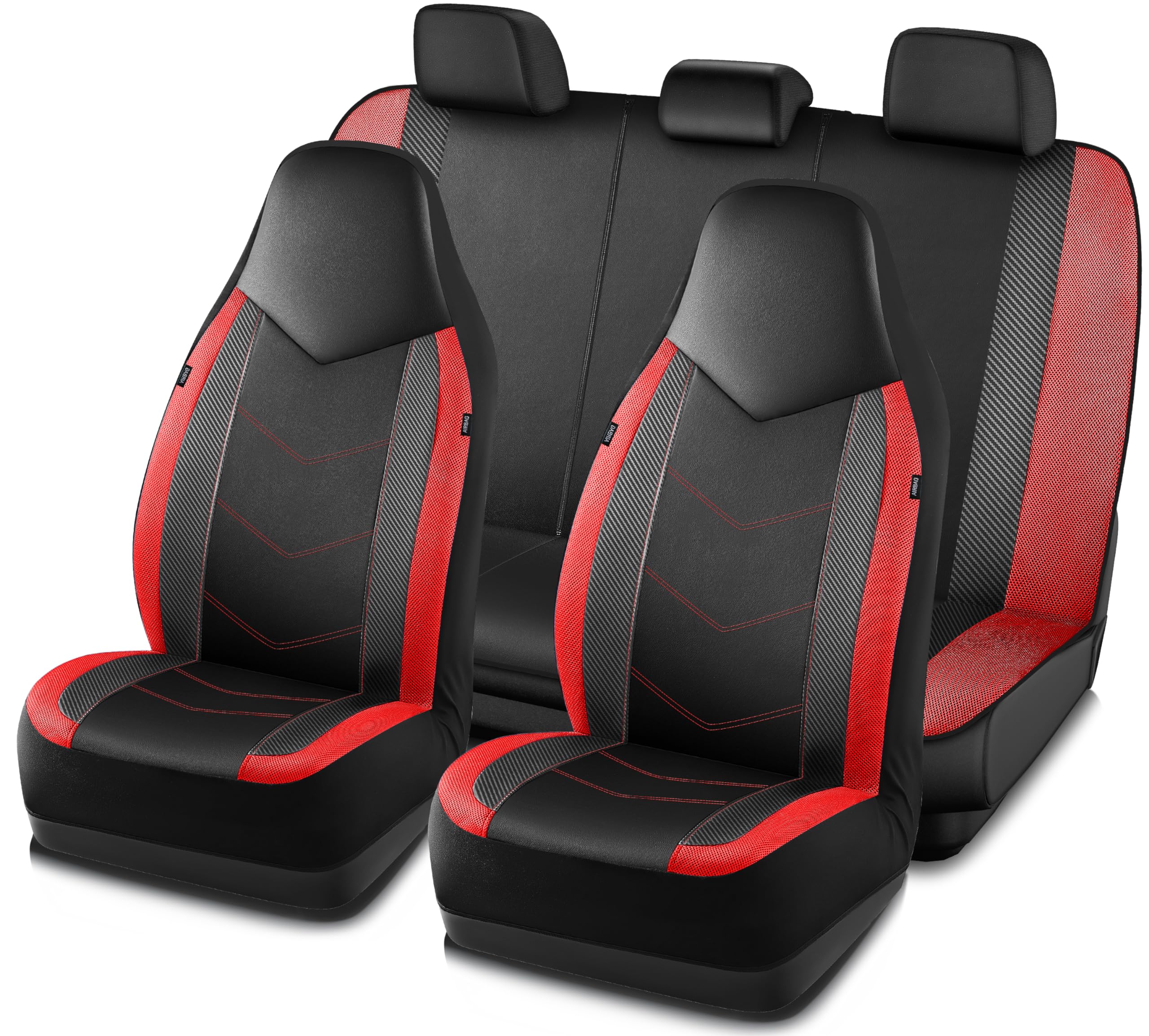 PIC AUTO Leather Car Seat Covers, Sports Carbon Fiber & Mesh Design, High-Back Full Set, Waterproof Automotive Seat Covers, Airbag Compatible, Universal Fit for Cars, SUVs, Trucks (Black & Red)