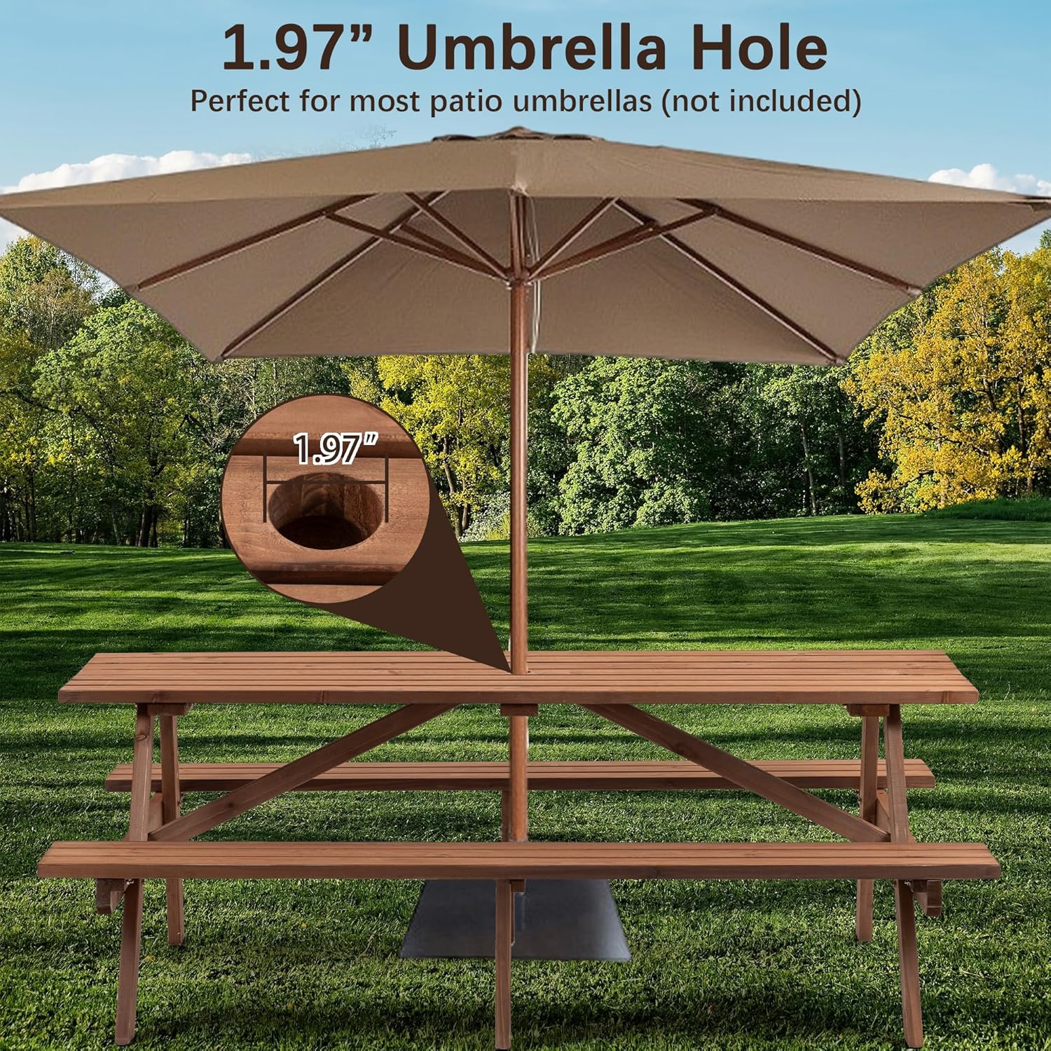 Picnic Table with Bench for 6-8 Person Outdoor Wooden Rectangle Table for Backyard, Porch, Patio, Deck w/Umbrella Hole -Brown