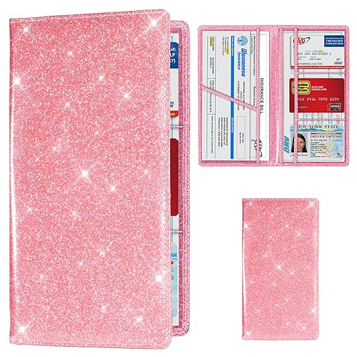 TOURSUIT Car Registration and Insurance Card Holder, Vehicle License Document Glove Box Compartment Organizer, Interior Car Accessories for Women Men Teens (Glitter Pink)