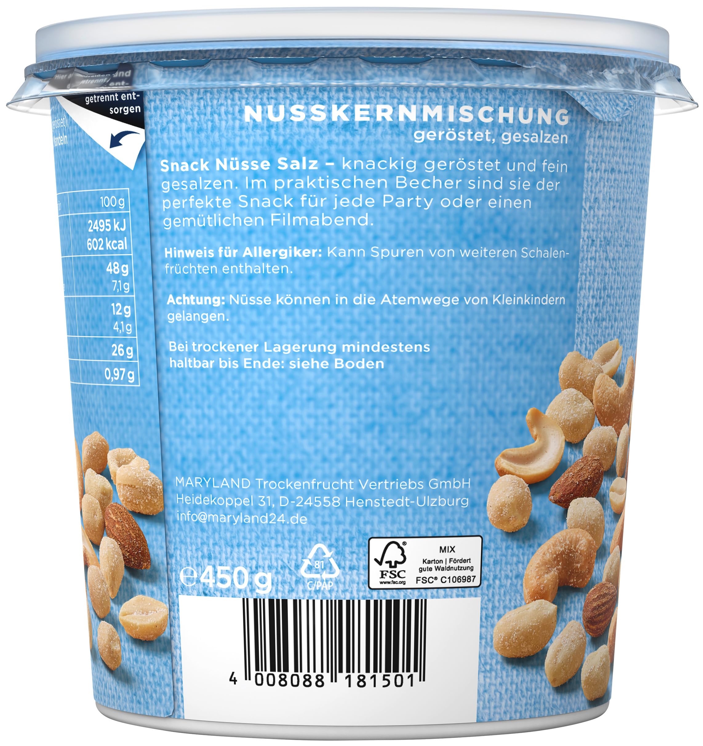 Maryland Snack Nüsse geröstet & gesalzen XXL 12 x 450g Becher - Erdnüsse, Cashewkerne und Mandeln in Nussmischung - klassisch geröstet & gesalzen - wiederverschließbarer Becher (12 x 450 g XXL)