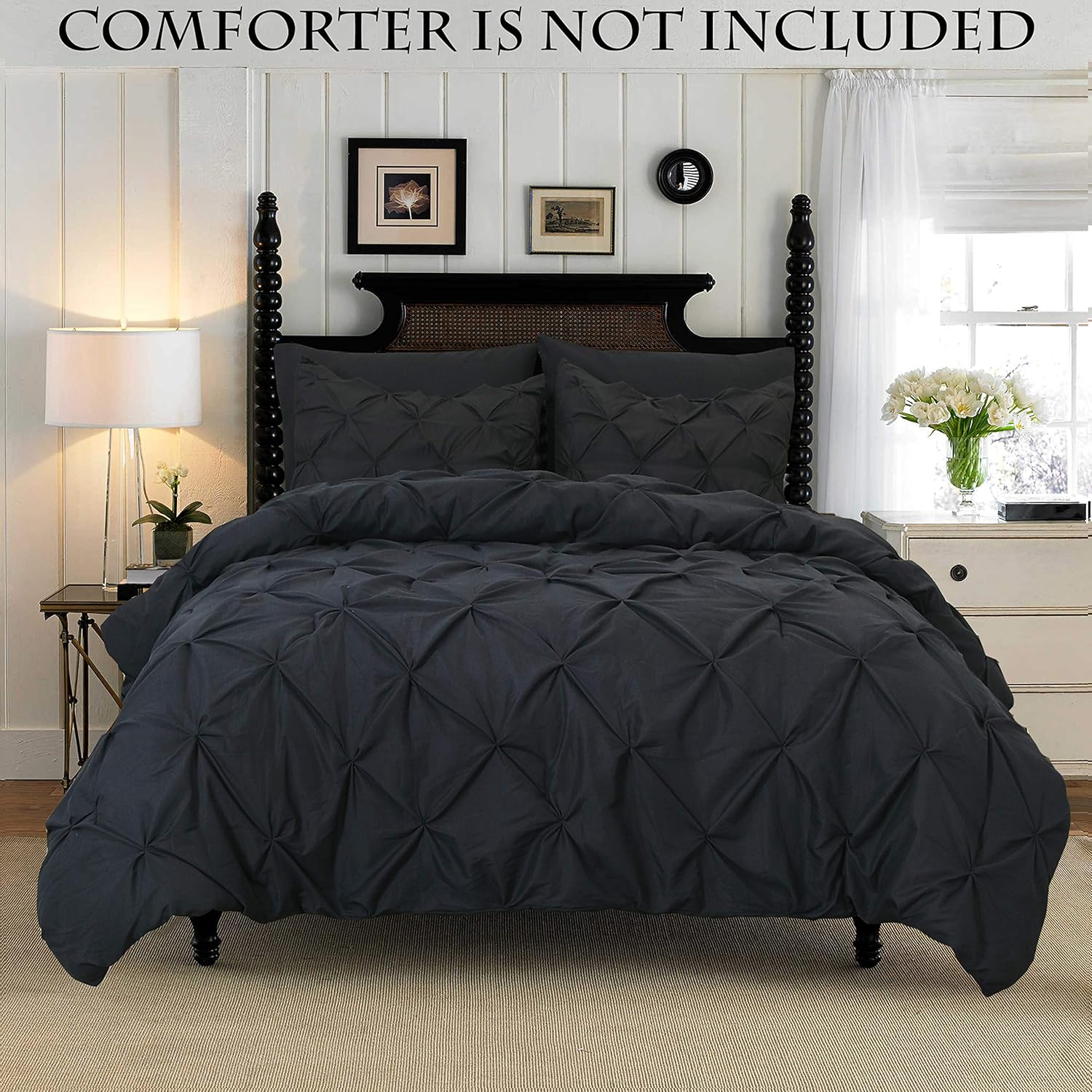 Elegant Comfort 3 Piece Pinch-Pleated Button Closure, Wrinkle-Resistant Ultra-Soft Microfiber Duvet Cover Set, Luxurious Pintuck Décor, Full/Queen, Black