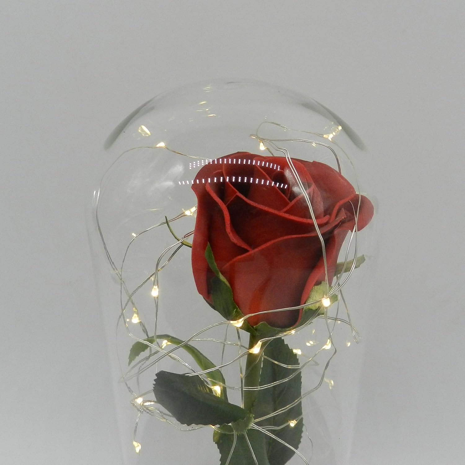 CVHOMEDECO. Battery Operated w/Timer LED Lighted and Red PU Rose with Fallen Petals in a Glass Dome, Great Gift for Valentine's Day Wedding Anniversary Birthday (Dia. 4-1/2 x H 11-1/4 Inch)