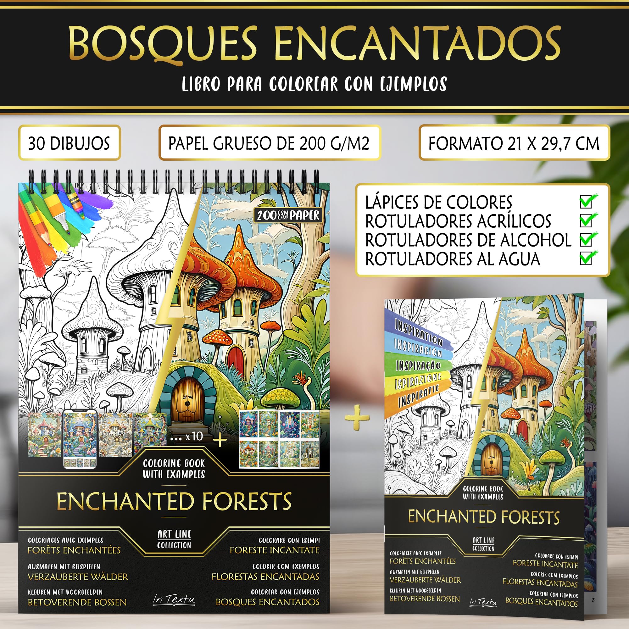 Bosques Encantados Libro de Colorear para Adultos y Adolescentes Papel Premium 200 g/m² Encuadernación en Espiral Fina