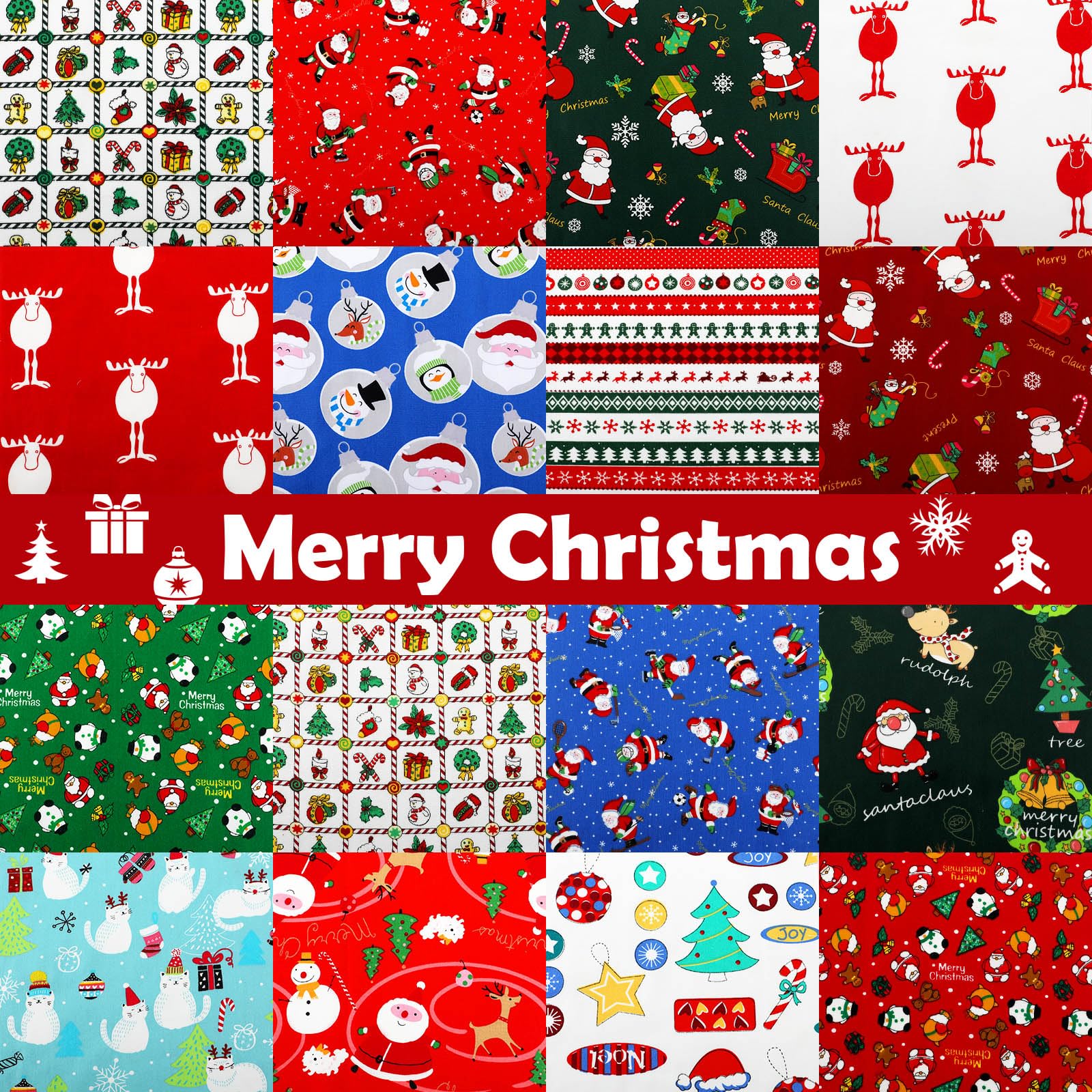 16 Pieces Winter Fat Fabric Bundle Quarters Snowman Snowflake Patterned Cotton Santa Claus Tree Print Quilting Fabric Cloth for Christmas Sewing Patchwork DIY Yard (10 x 10 Inch)