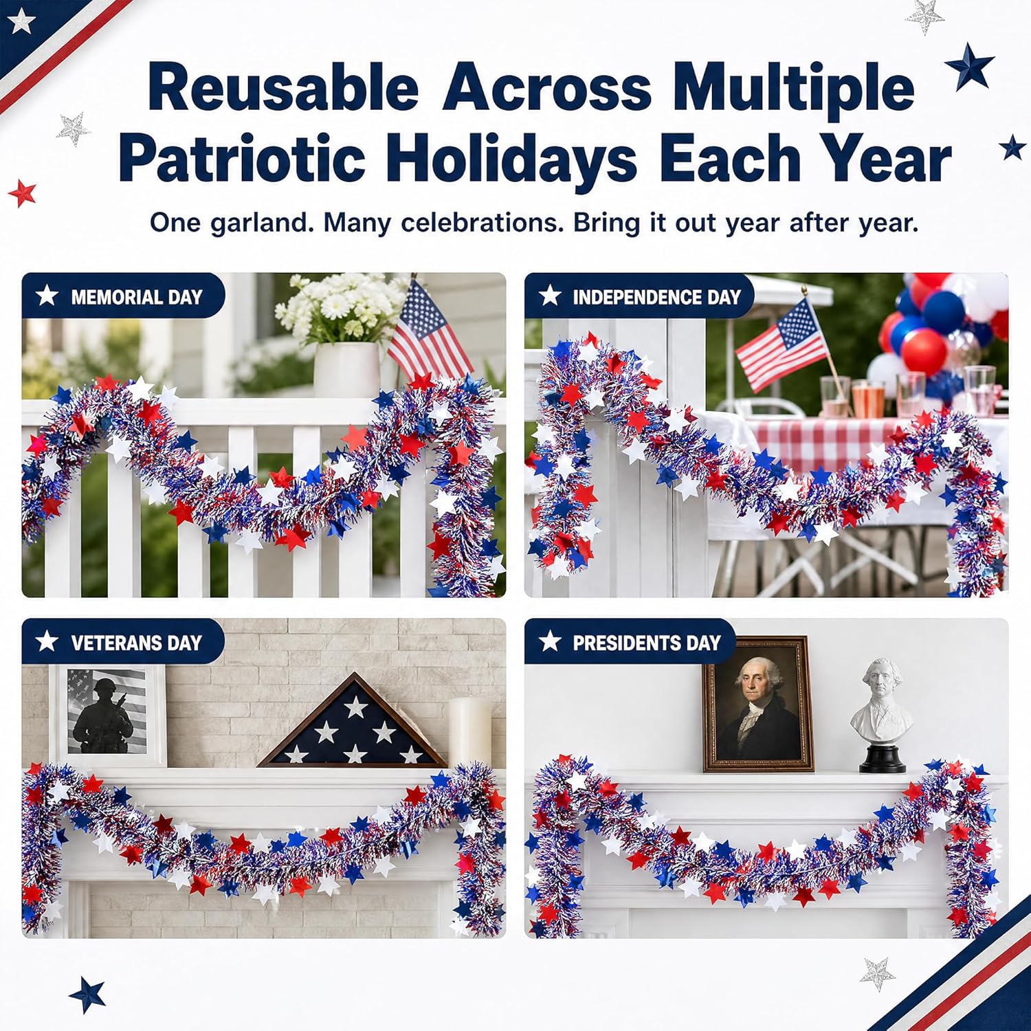 50 FT 4th of July Star Tinsel Garland, Red White and Blue Patriotic Decorations, Metallic Twist Garland for Mantels, Railings, Parade Float, Memorial Day & America 250 Independence Day Outdoor Decor