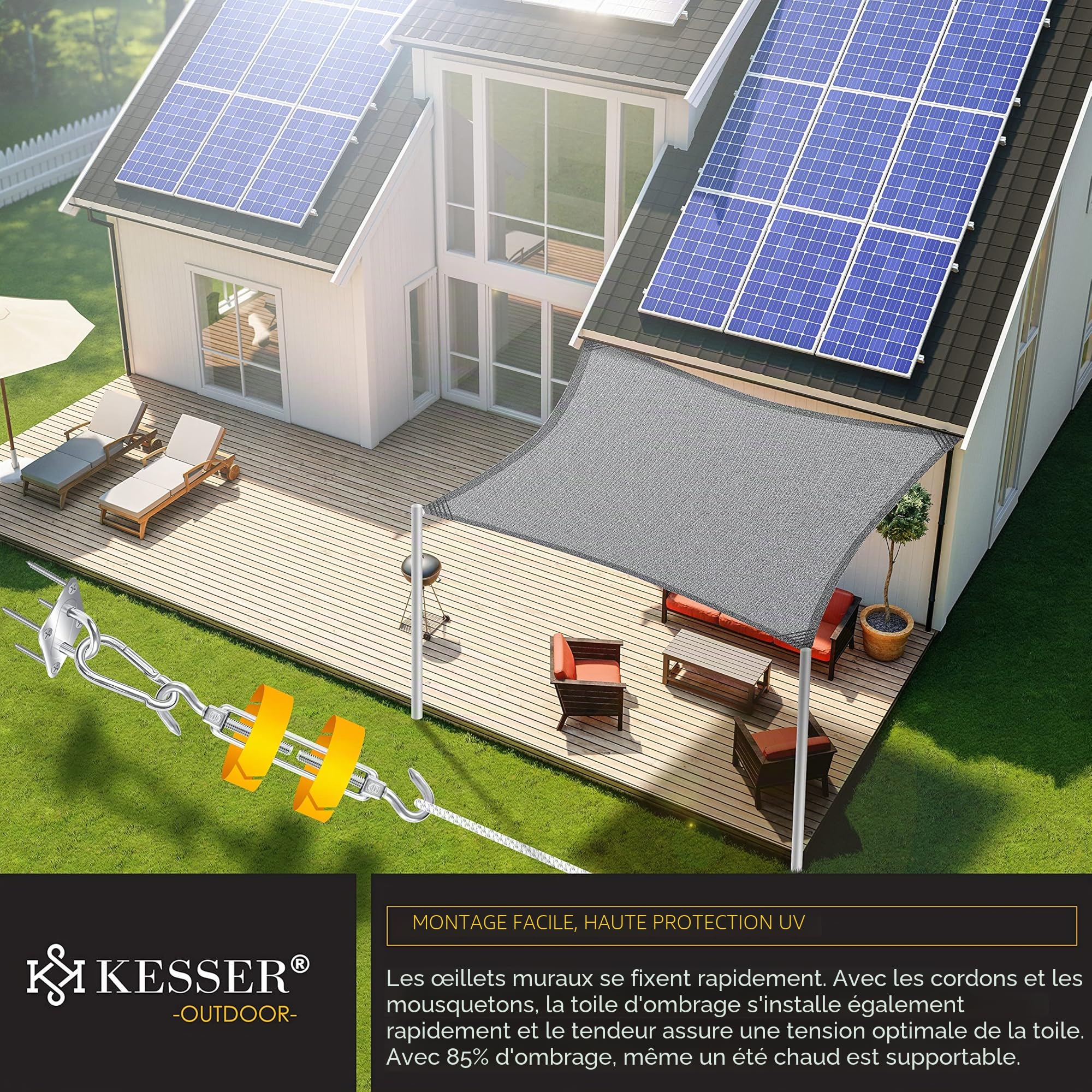 KESSER® Voile d'ombrage, Protection Solaire, Coupe-Vent, Tissu PEHD, imperméable et Coupe-Vent, Coutures transversales, Robuste et Stable, pour Jardin, Balcon, 2x2m, Gris