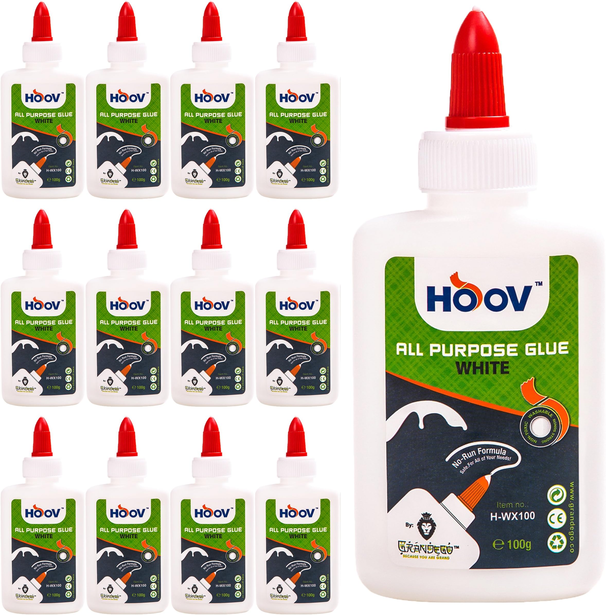 HOOV All-Purpose Liquid White Glue | Bulk Pack of 12 - Extra Strong Multi-Surface Hold, Dries Clear – Safe, Non-Toxic, Washable, No Run Formula – Adjustable Flow Twist Top + 3.5 oz Bottle