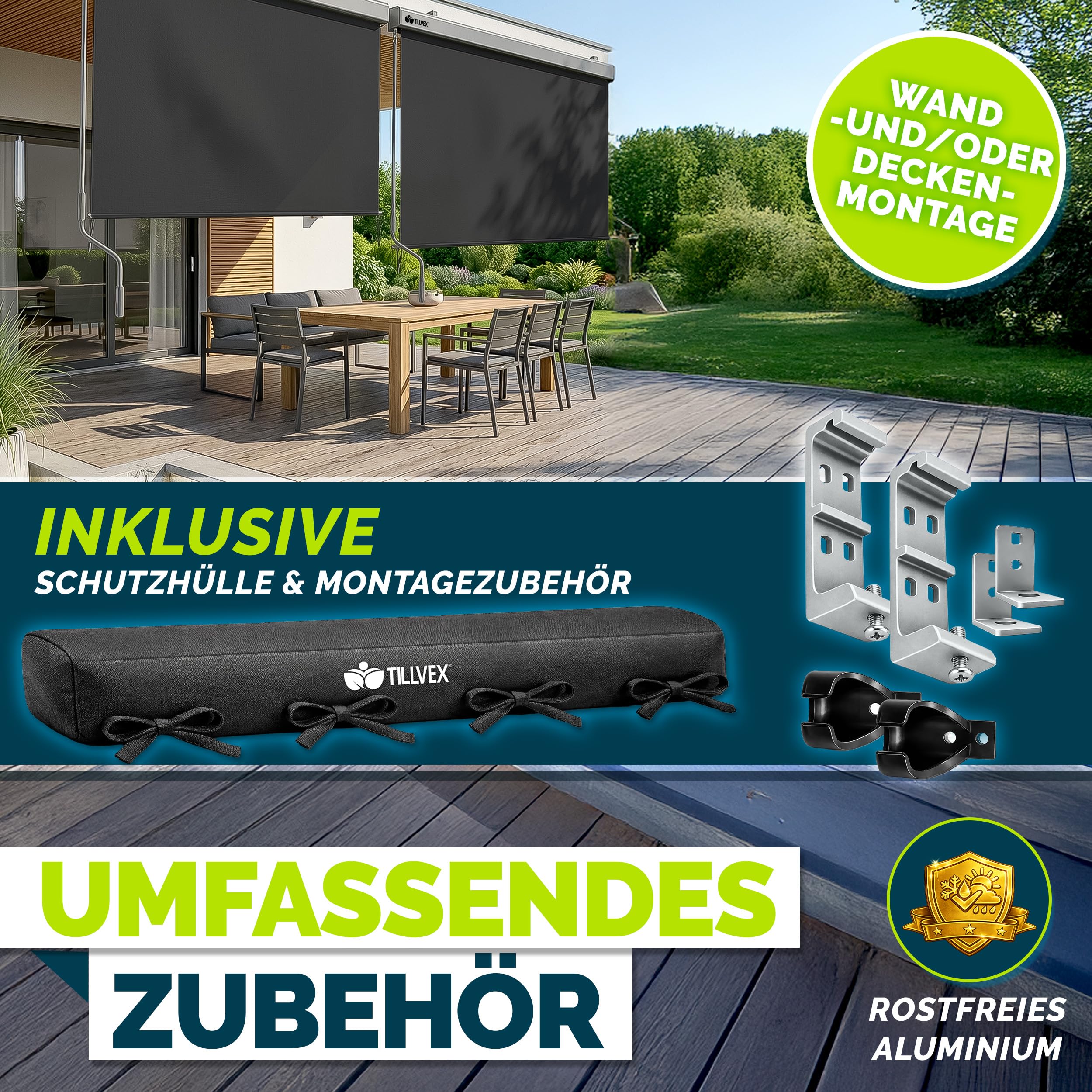 tillvex® Senkrechtmarkise 200 x 250 cm für Außen- und Innenbereich mit Regencover | Außenrollo wasserfest mit Handkurbel für Balkon, Terrasse & Garten | Balkonrollo Sonnenschutz Sichtschutz Aluminium