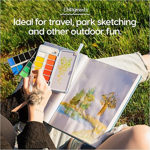 Miniatura 3 de ChiPigments Juego de 36 pinturas de acuarela, kit de viaje de bolsillo con 7 cepillos de agua y mochila plegable adicional para arte vibrante sobre
