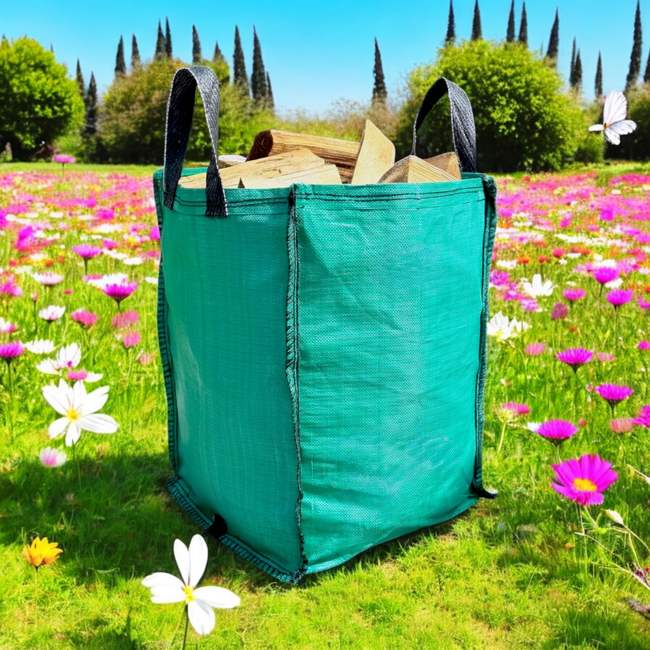 Lot de 3 sacs à déchets de jardin – 120 litres – Sacs à déchets verts très résistants – Tissu industriel et poignées