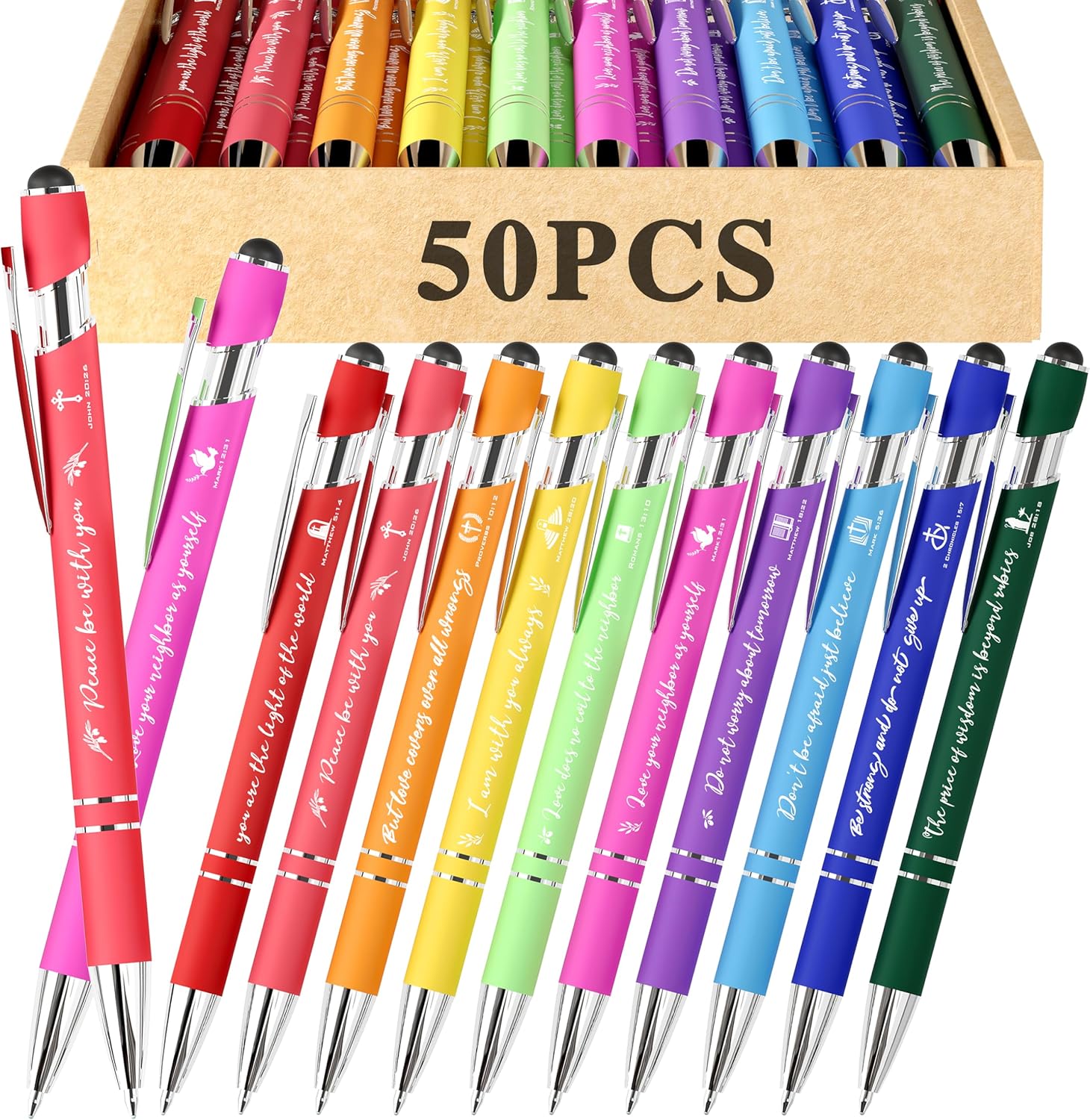 Christian Pens 2-in-1 Stylus & Bible Verse Pens, Black Ink, 50-Pack, Modern, Unisex, Office, Medium Point, Aluminum, Rainbow Theme, Retractable, Smooth Grip, Adult, Note Taking & Writing