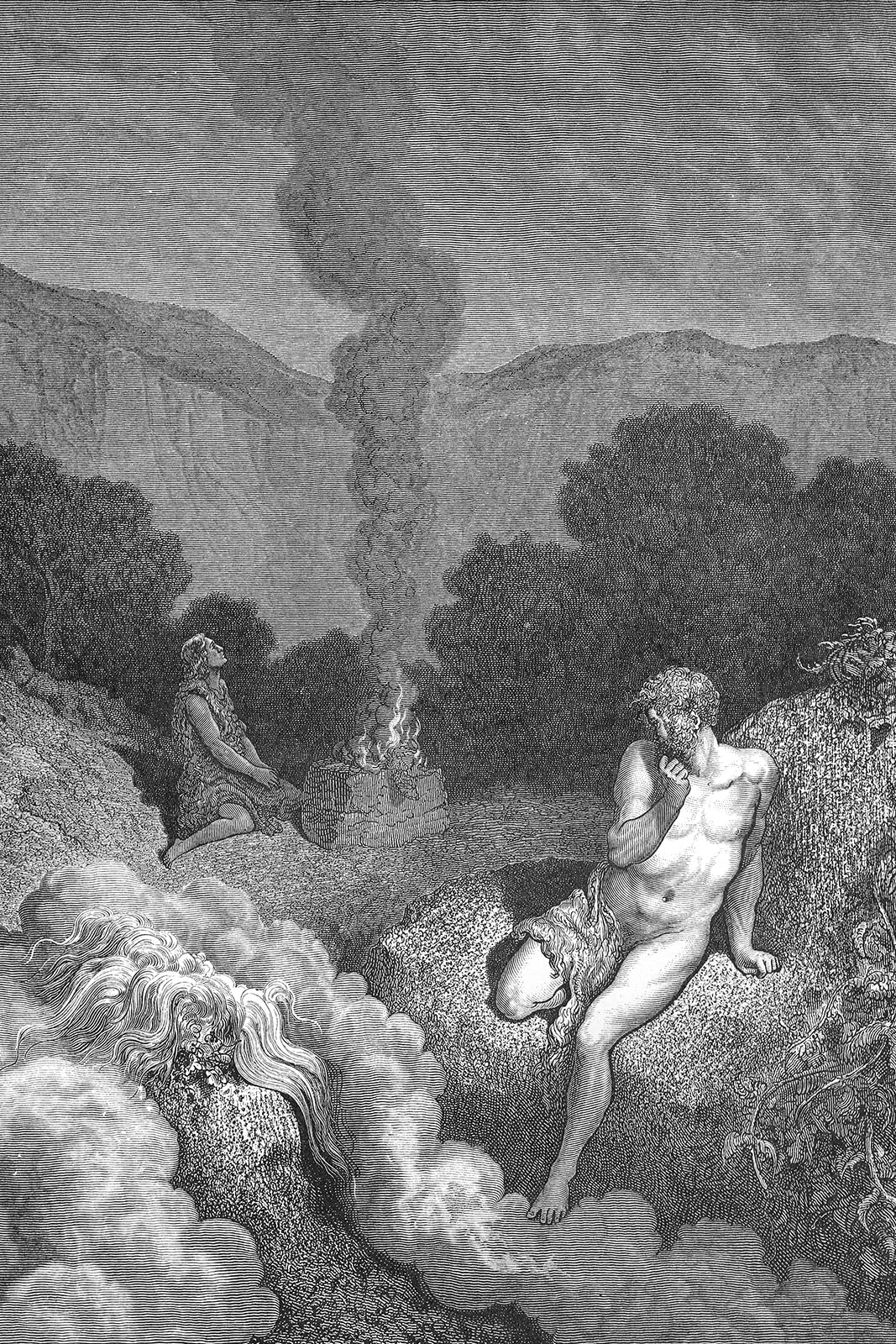 Lustre Paper - Gustave Dore - Cain and ABEL Offer Their Sacrifices (1866) Poster Painting Etching Drawing Woodcut Art Print - Size: 18 x 12 Inches
